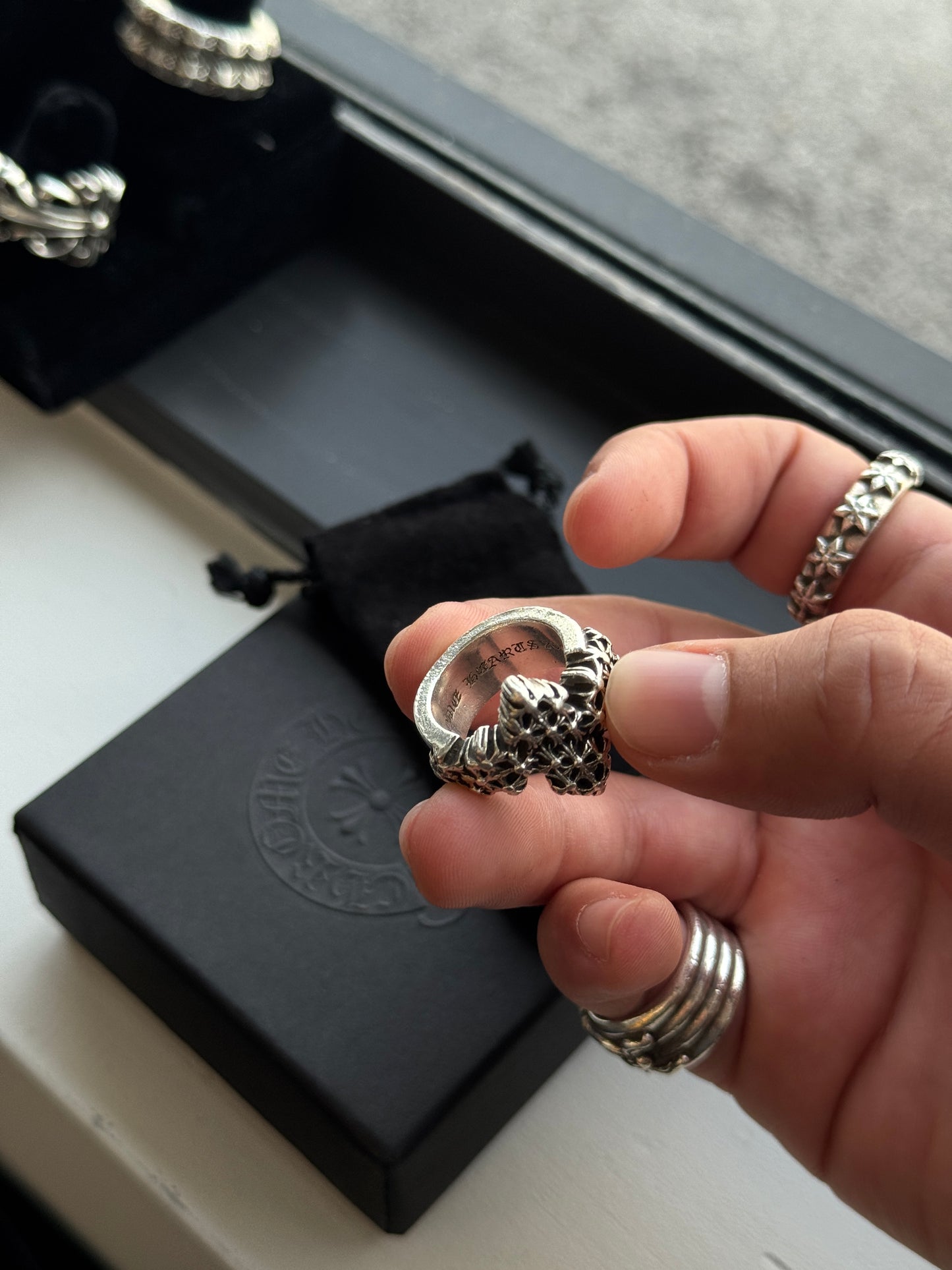 CHROME HEARTS CEMETARY POINTER SILVER RING (SIZE 6.5) (18.2 GRAMS)