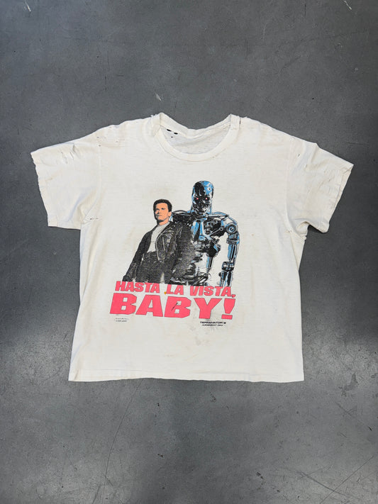 1991 TERMINATOR 2 JUDGEMENT DAY HASTA LA VISTA, BABY! THRASHED TEE (PULLED TAG)