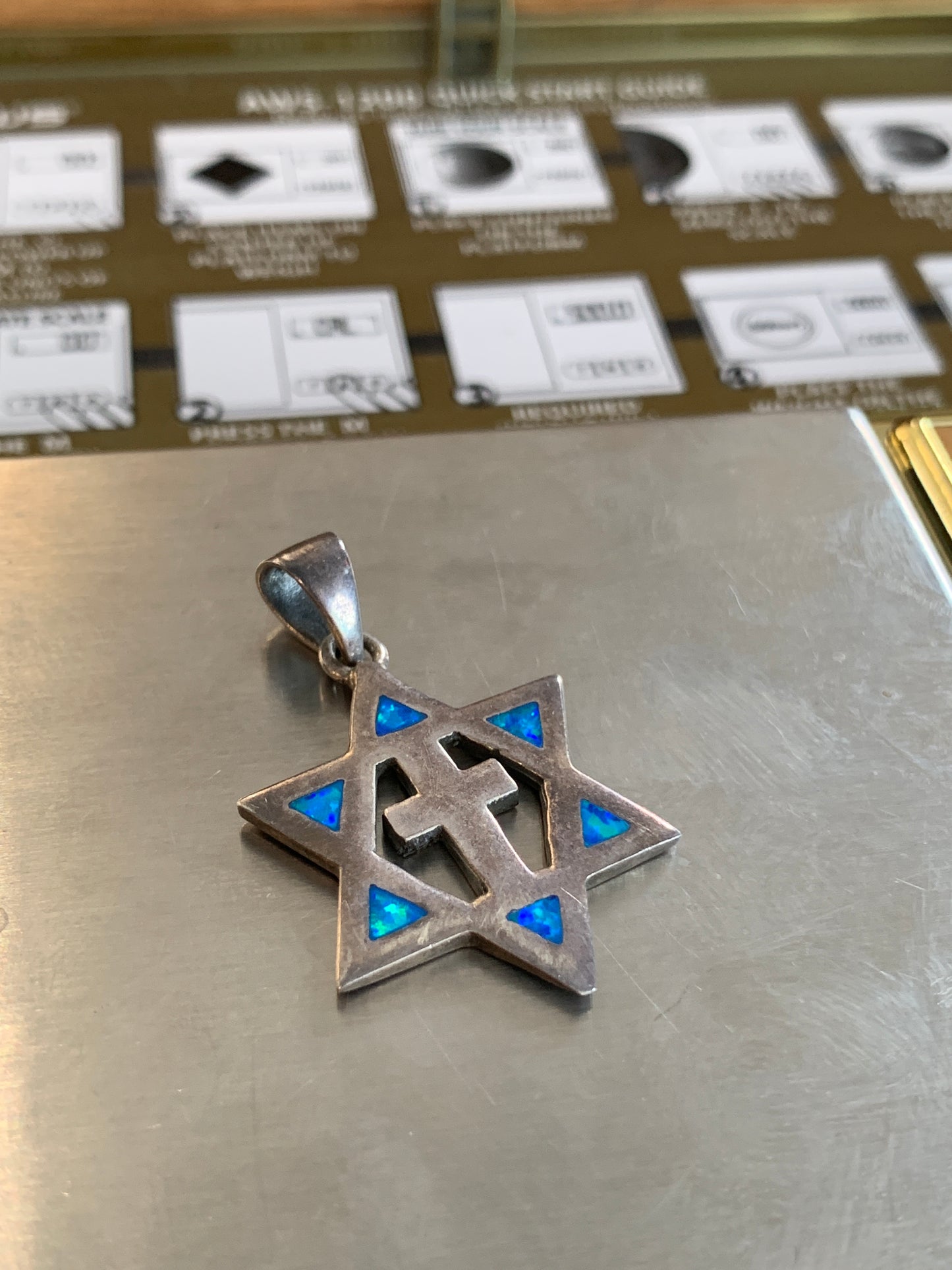 STAR OF DAVID W/ CROSS SILVER/OPAL PENDANT (3.6 GRAMS)