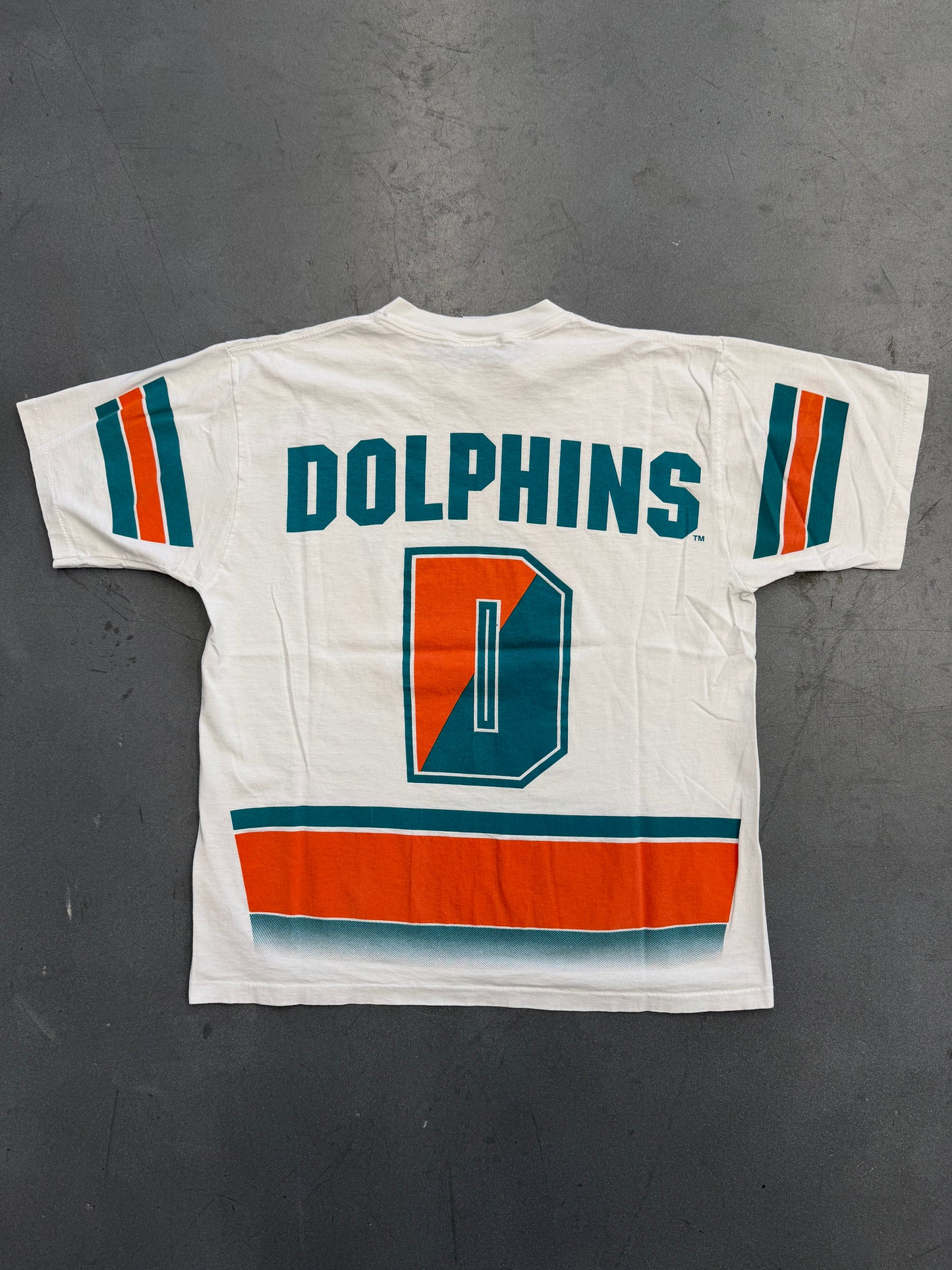 1994 MIAMI DOLPHINS JERSEY GRAPHIC STYLE BACK HIT TEE (SALEM SPORTSWEAR TAG)