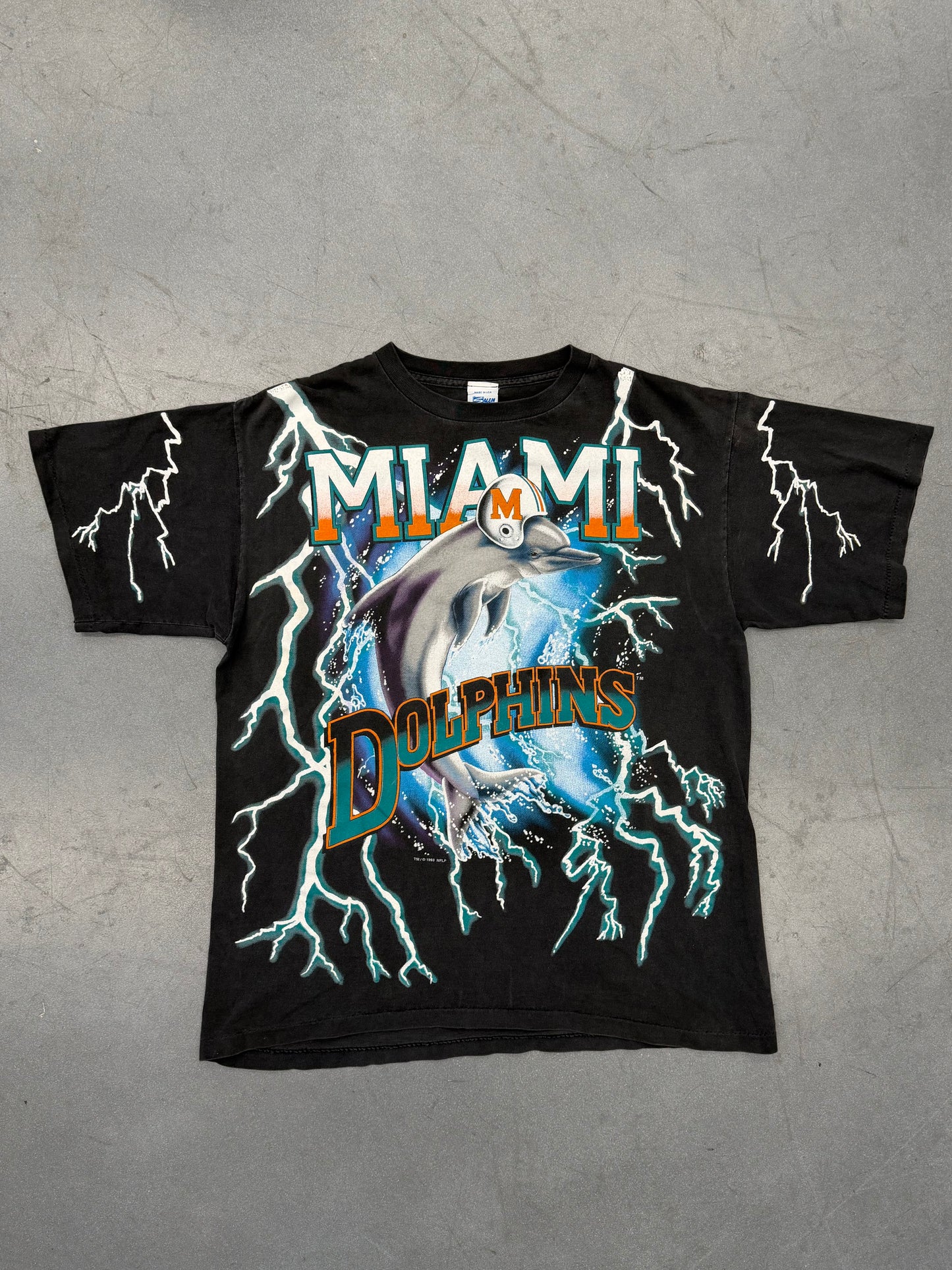 1993 MIAMI DOLPHINS SALEM LIGHTNING AMERICAN THUNDER TEE (SALEM SPORTSWEAR TAG)