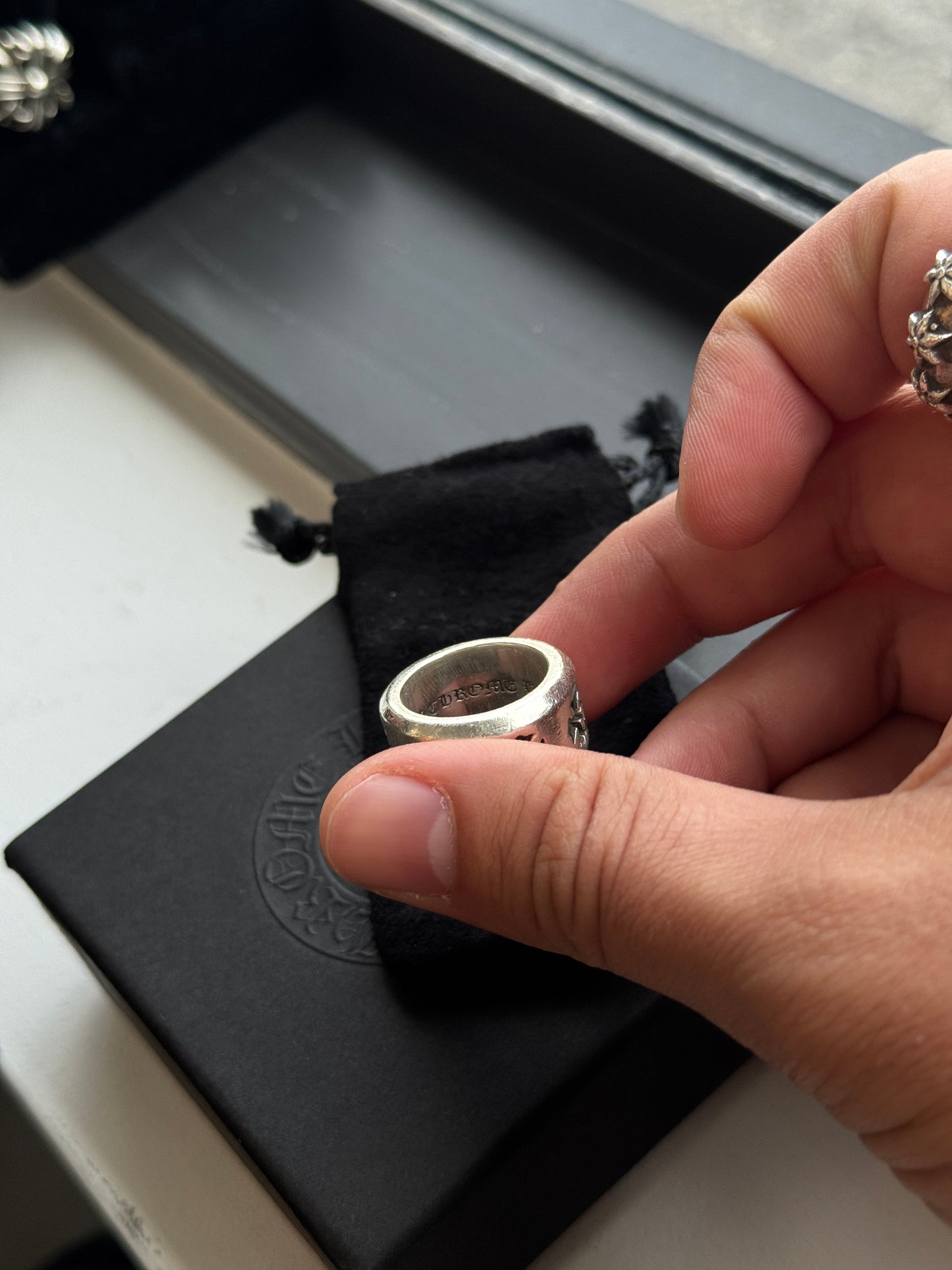 CHROME HEARTS NEGATIVE TINY PLUS THICK BAND SILVER RING (SIZE 6) (19.5 GRAMS)