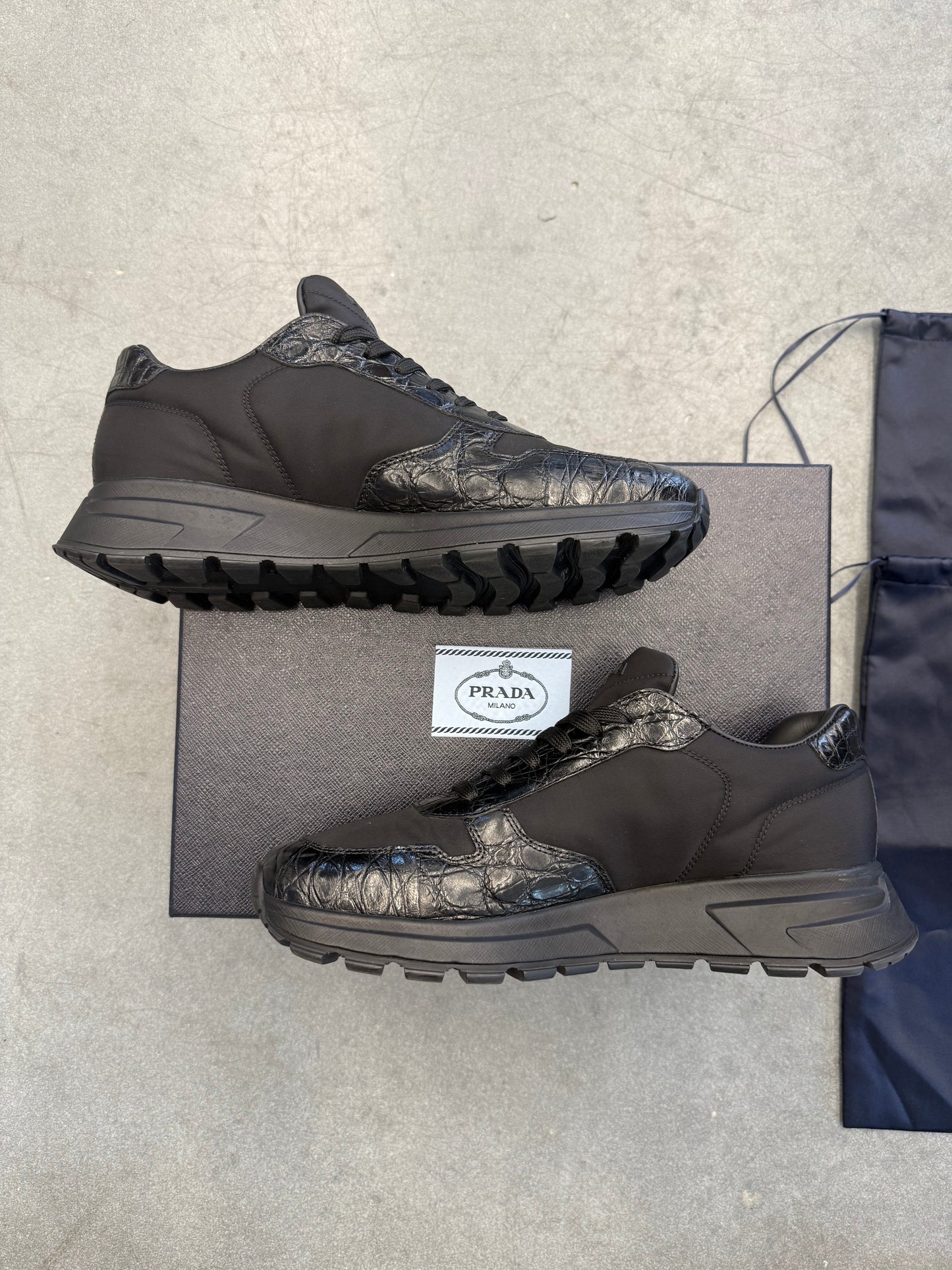 SIZE 8.5 PRADA BLACK CROC CALZATURE UOMO COCCO+NYLON GABARDINE 1 NERO (PRE-OWNED WITH BOX)