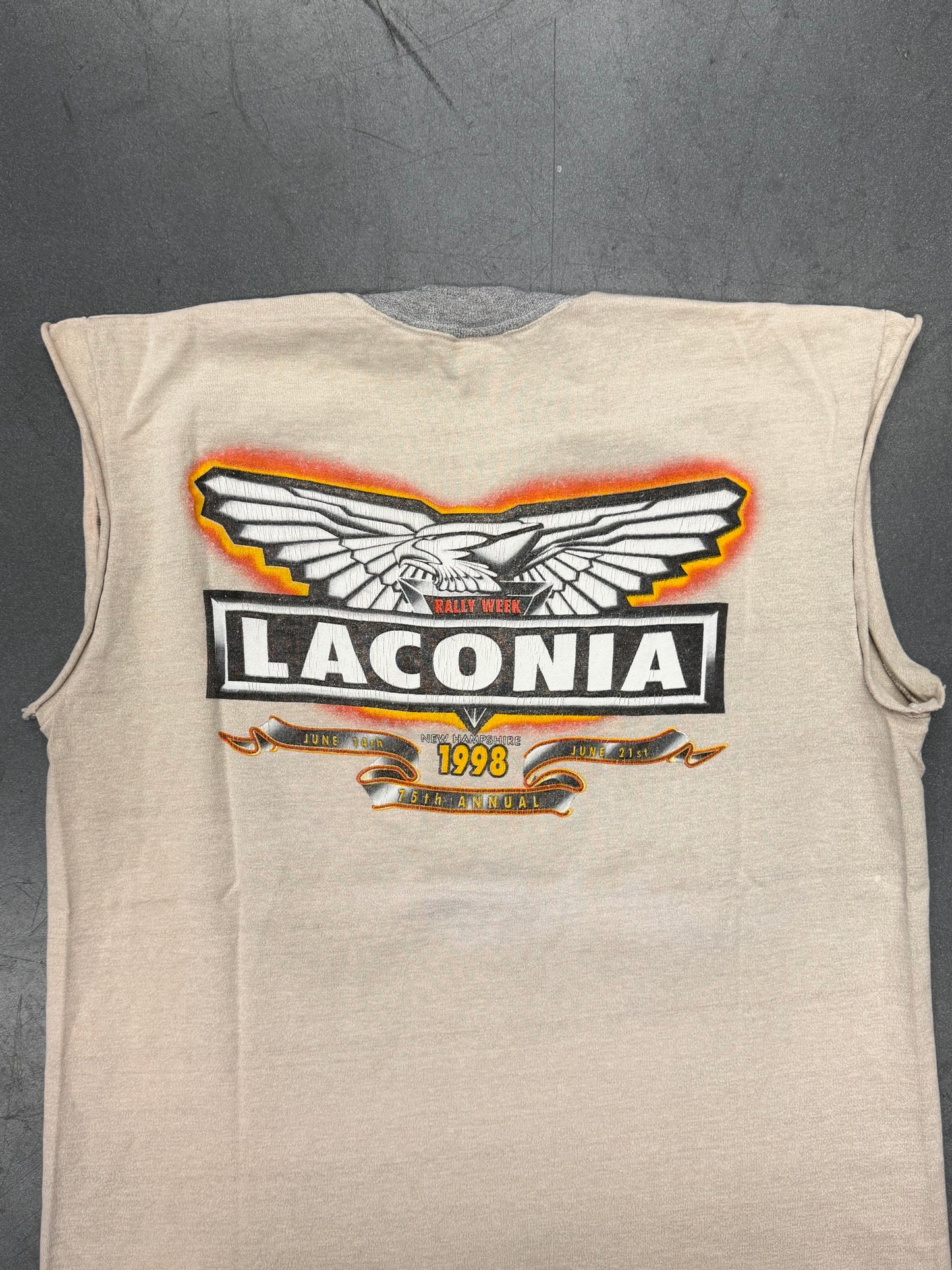 1998 LACONIA, NEW HAMPSHIRE 75TH ANNUAL RALLY WEEK CUTOFF TEE (FADED FLAG TAG)