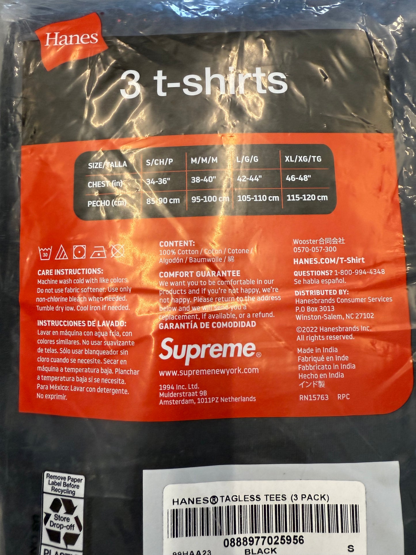 SUPREME HANES TAGLESS T-SHIRTS BLACK 3 PACK (S)