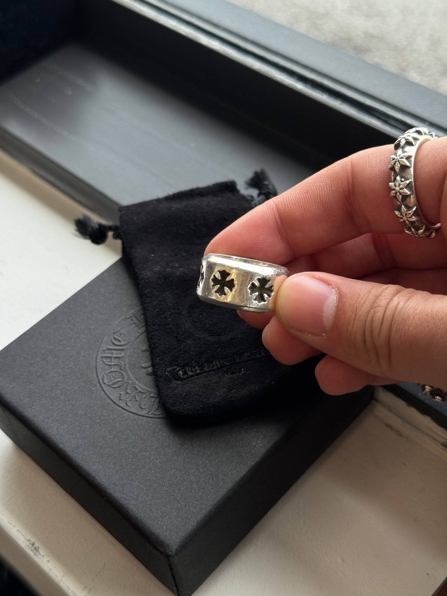 CHROME HEARTS NEGATIVE TINY PLUS THICK BAND SILVER RING (SIZE 6) (19.5 GRAMS)