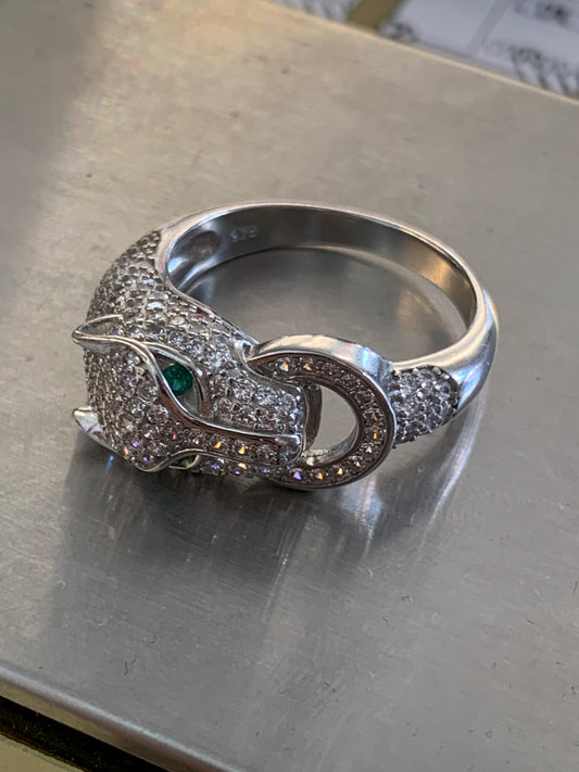 PANTHER DIAMOND/EMERALD SILVER RING (5.5 GRAMS)
