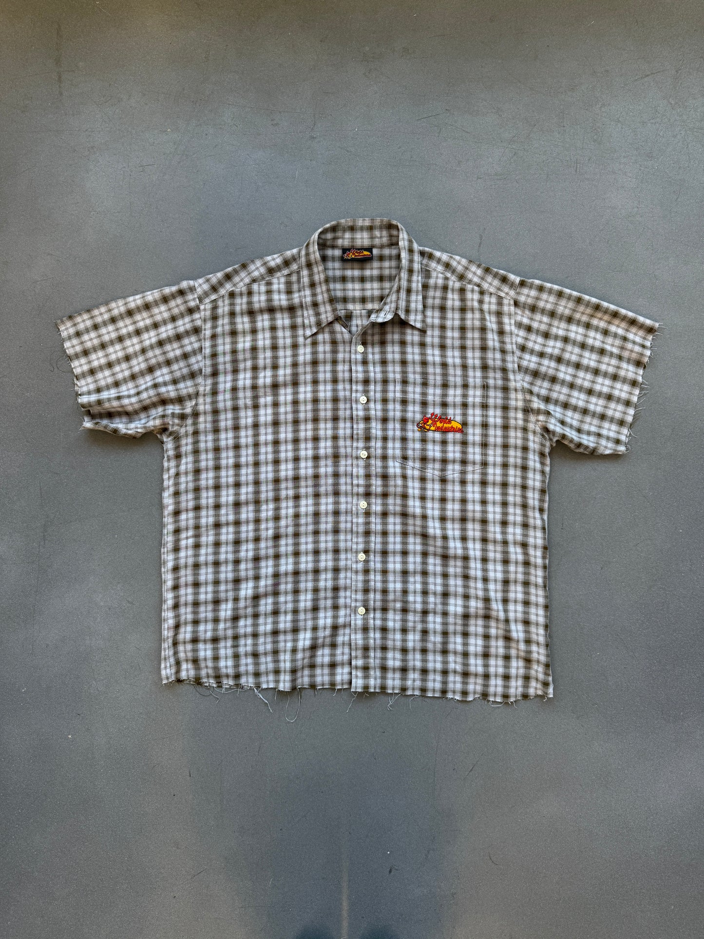 VINTAGE WORLD INDUSTRIES CUT FLANNEL BUTTON-UP SHIRT