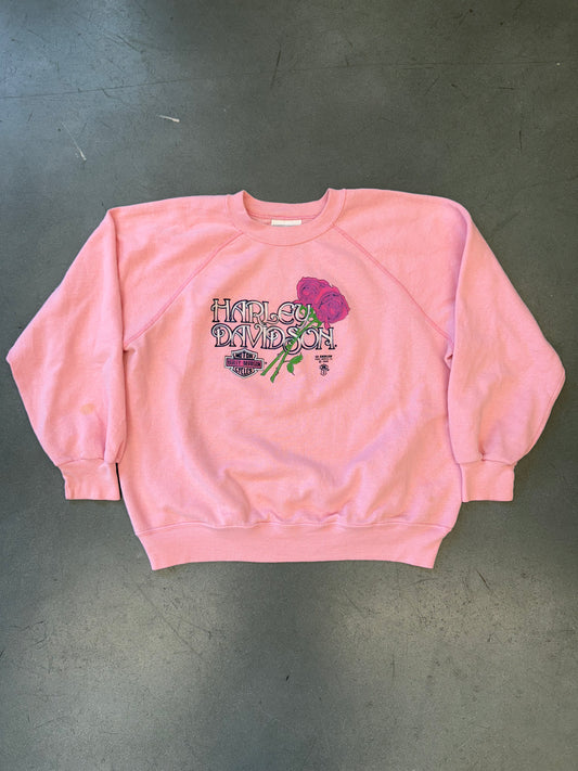 1989 HARLEY DAVIDSON MOTORCYCLES 3D EMBLEM ROSES PINK CREWNECK