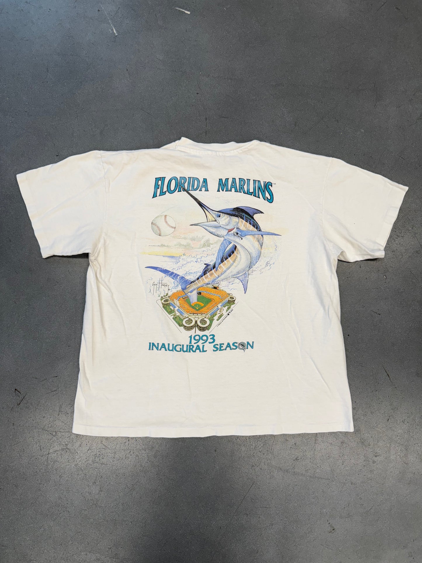 1992 GUY HARVEY FLORIDA MARLINS INAUGURAL SEASON 1993 MULLET TEE (HANES BEEFY TAG)