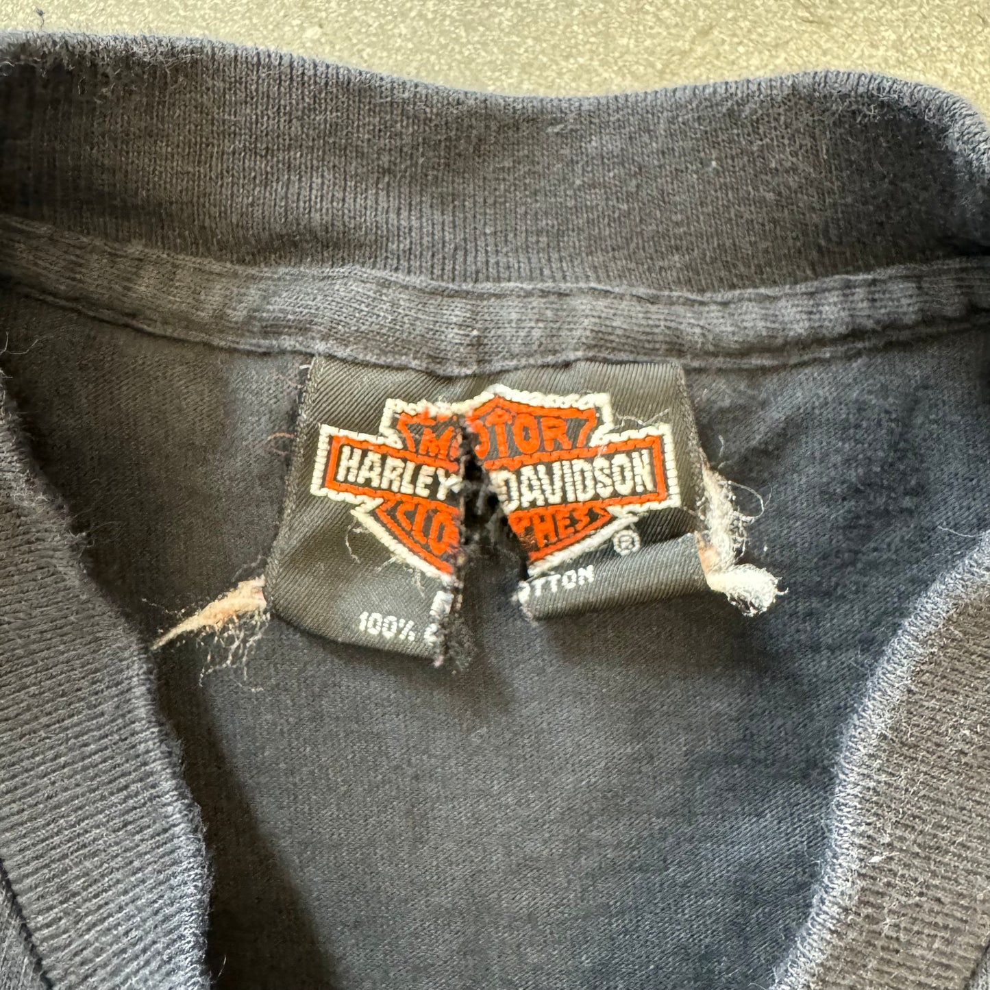 1992 HARLEY-DAVIDSON MOTORCYCLES CIRCLE IN FLAMES TEE (RIPPED HARLEY TAG)