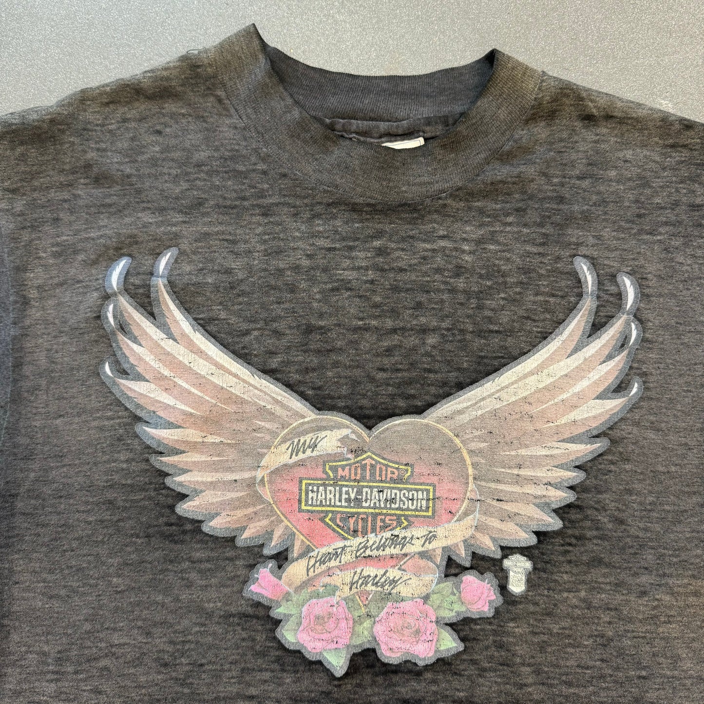 HARLEY-DAVIDSON MY HEART BELONGS TO HARLEY HEAT TRANSFER (HANES FIFTY-FIFTY TAG)