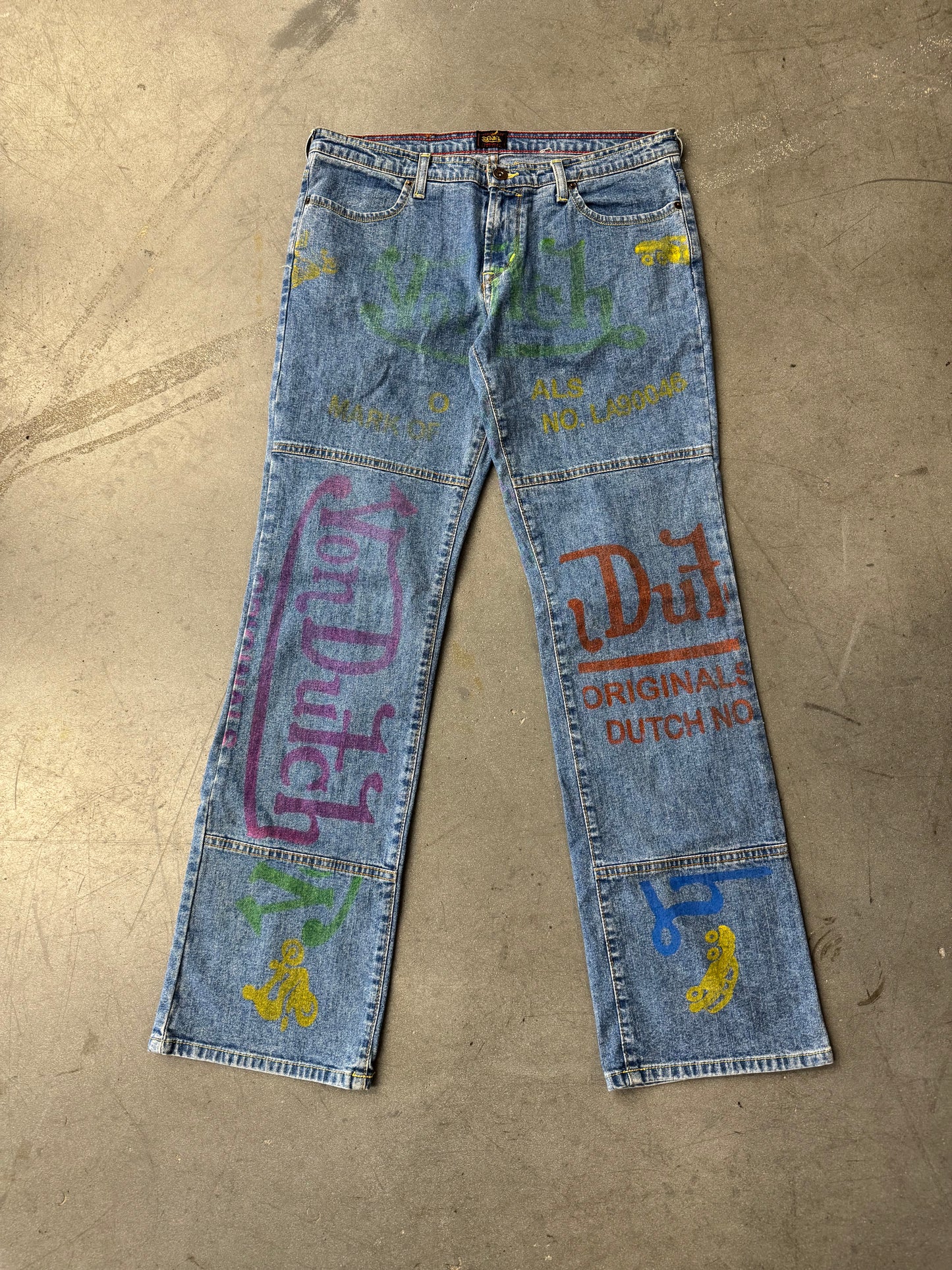 Y2K VON DUTCH ORIGINALS PAINTED GRAFFITI BLUE WIDE LEG JEANS
