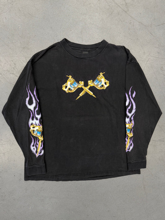 2001 GOOD SPORTS TATTOO PURPLE FLAME LS TEE (LIGHTNING CLOTHING TAG)