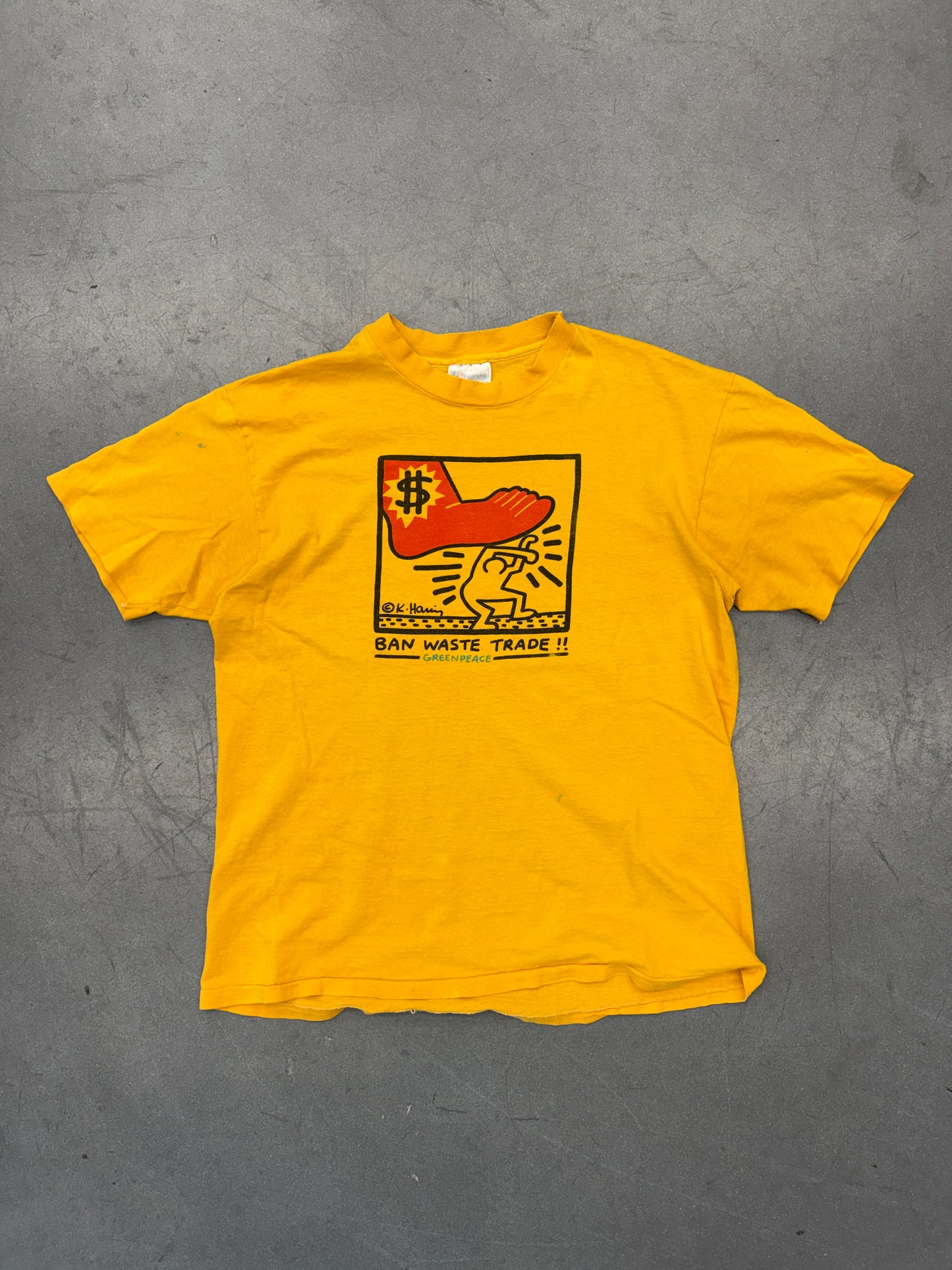80S KEITH HARING BAN WASTE TRADE!! GREENPEACE TEE (HANES TAG)