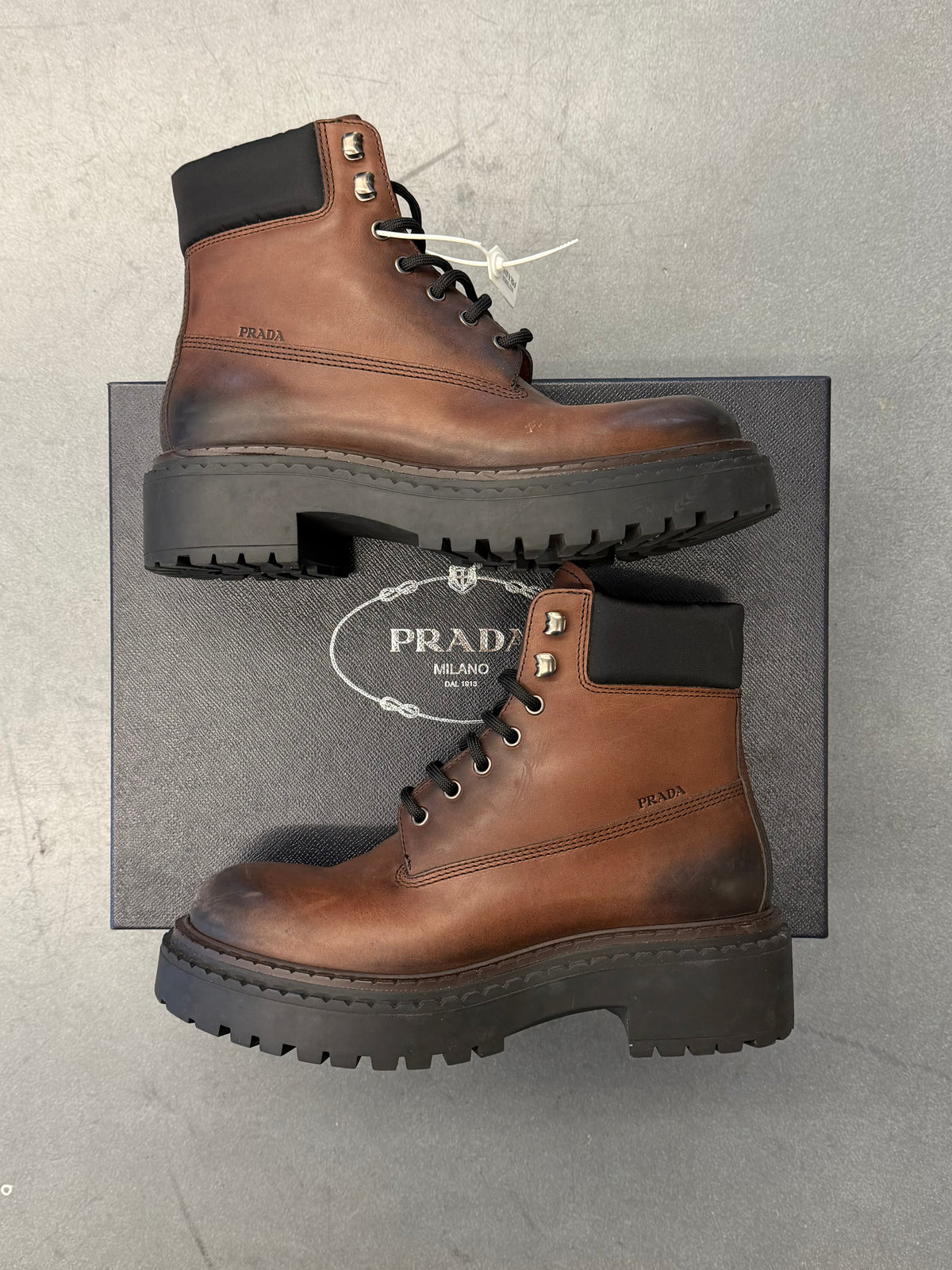 PRADA CALZATURE UOMO BROWN LEATHER WORK BOOTS (W/BOX)