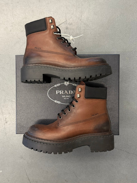 PRADA CALZATURE UOMO BROWN LEATHER WORK BOOTS (W/BOX)