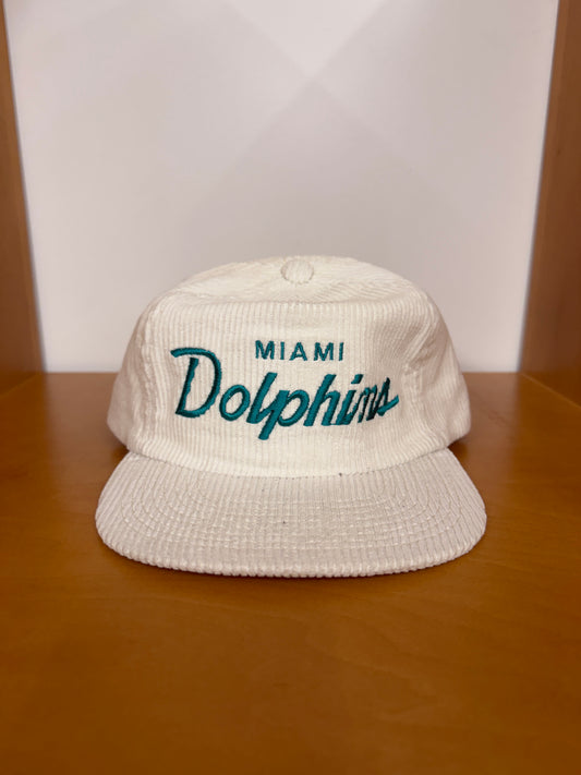90S MIAMI DOLPHINS SCRIPT CORDUROY ZIPPER BACK HAT (SPORTS SPECIALTIES TAG)