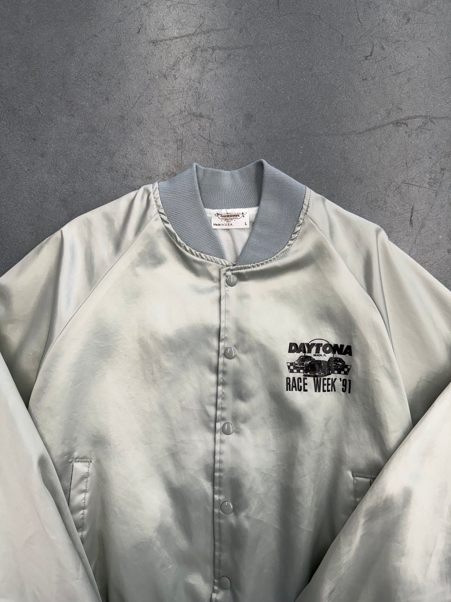 1991 RACE WEEK DAYTONA BEACH FLORIDA GREY SATIN SNAP VARSITY JACKET
