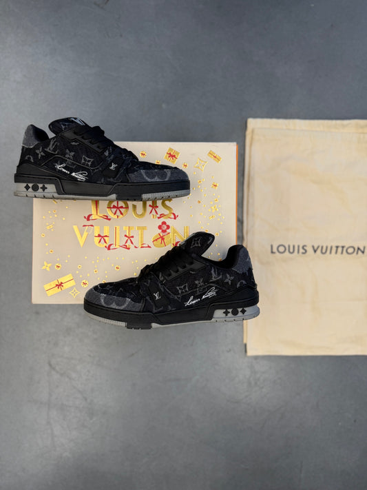 LV SIZE 6 (US 7.5-8) LOUIS VUITTON BLACK DENIM TRAINER SNEAKER (PRE-OWNED WITH BOX)
