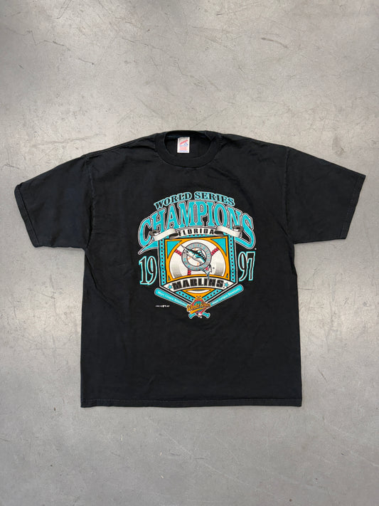 1997 LOGO 7 FLORIDA MARLINS WORLD SERIES CHAMPIONS HOME PLATE LOGO TEE (JERZEES TAG)