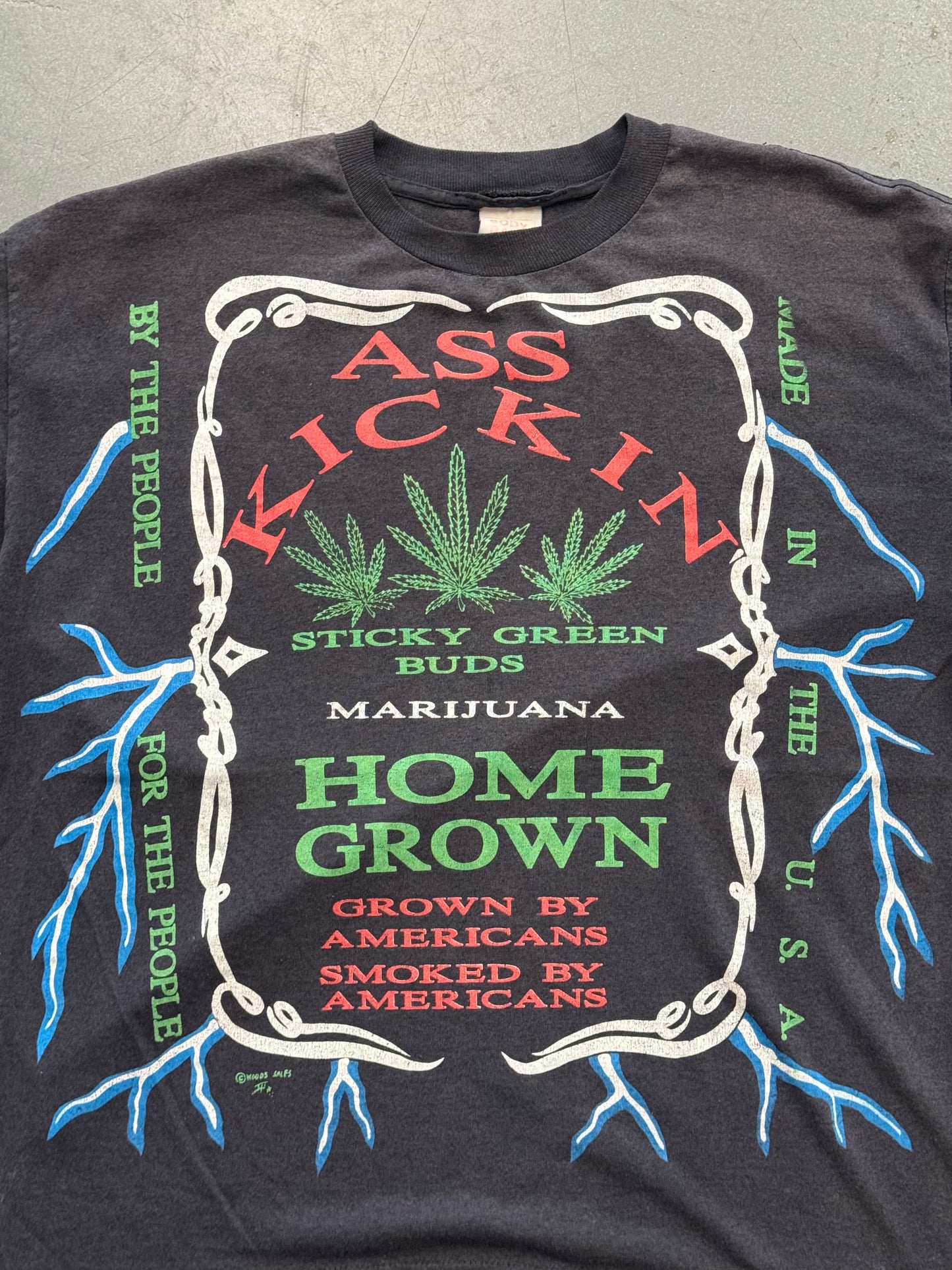 90S ASS KICKIN MARIJUNANA ALL OVER PRINT AMERICAN THUNDER TEE (BODY RAGZ TAG)