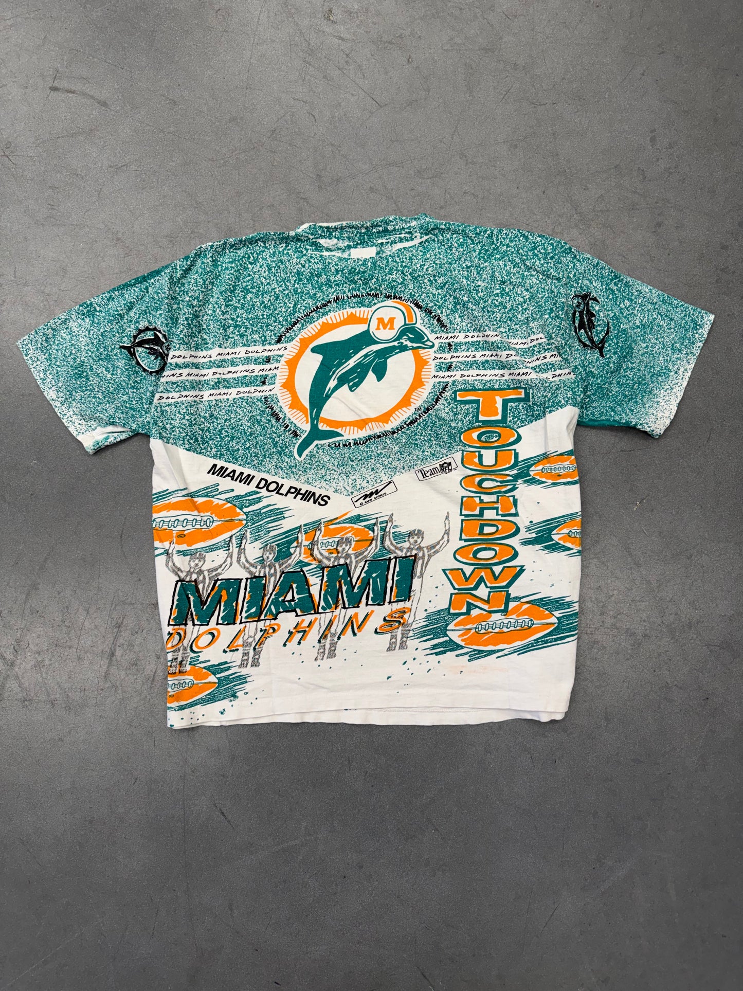 90S MIAMI DOLPHINS AMW SPORTS TEAM NFL AOP TEE (MAGIC JOHNSON'S RITZ TAG)