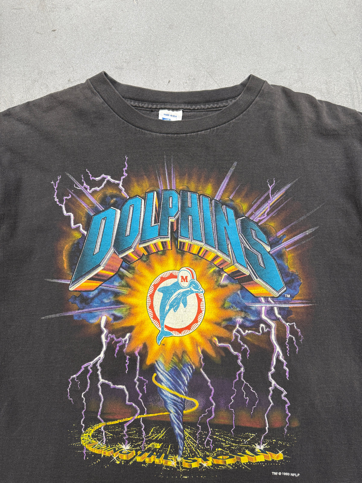 1993 MIAMI DOLPHINS "RIDING THE STORM" LIGHTNING TEE (SALEM TAG)