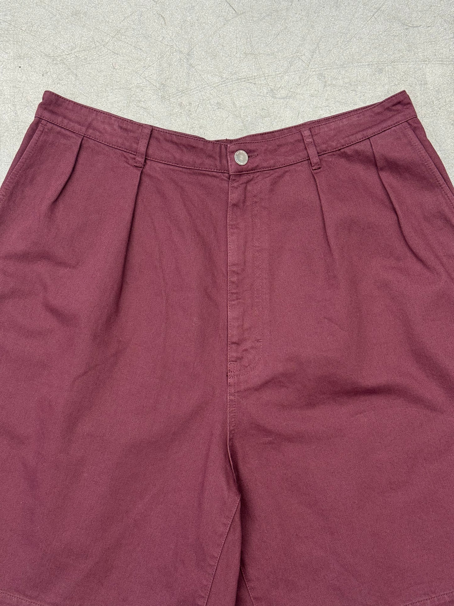 SS22 RAF SIMONS DOUBLE PLEATED WIDE DENIM SHORTS - BURGUNDY