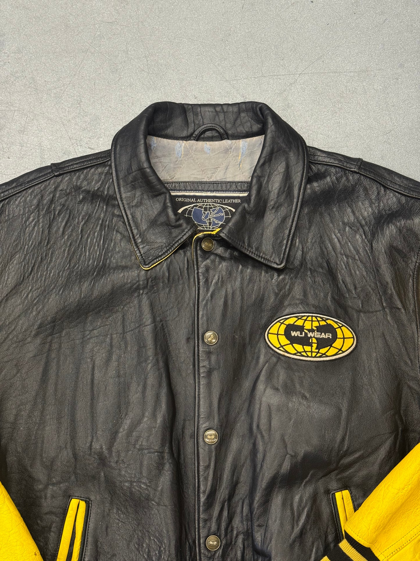 90S WU-TANG WU WEAR KILLAH BEEZ LEATHER VARSITY JACKET - BLACK/YELLOW