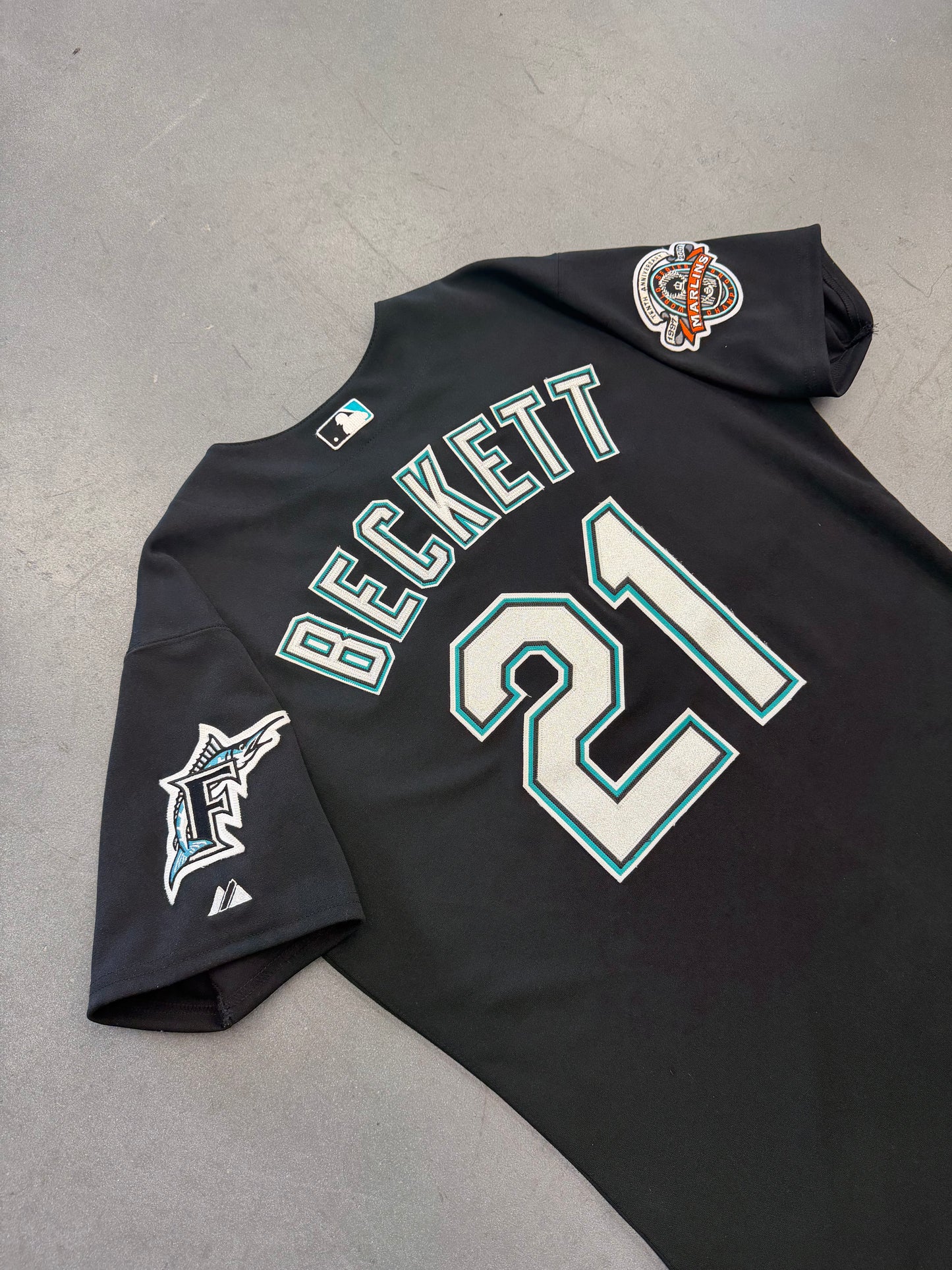 2007 MAJESTIC FLORIDA MARLINS TENTH ANNIVERSARY WORLD SERIES CHAMPIONS BECKETT #21 BUTTON UP JERSEY