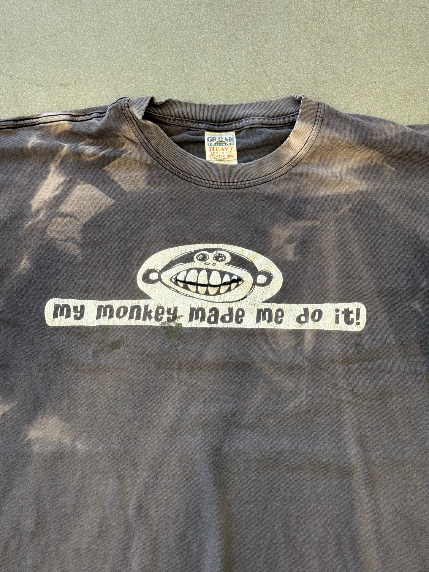 90S "MY MONKEY MADE ME DO IT!" FADED AND DISTRESSED TEE (GILDAN TAG)