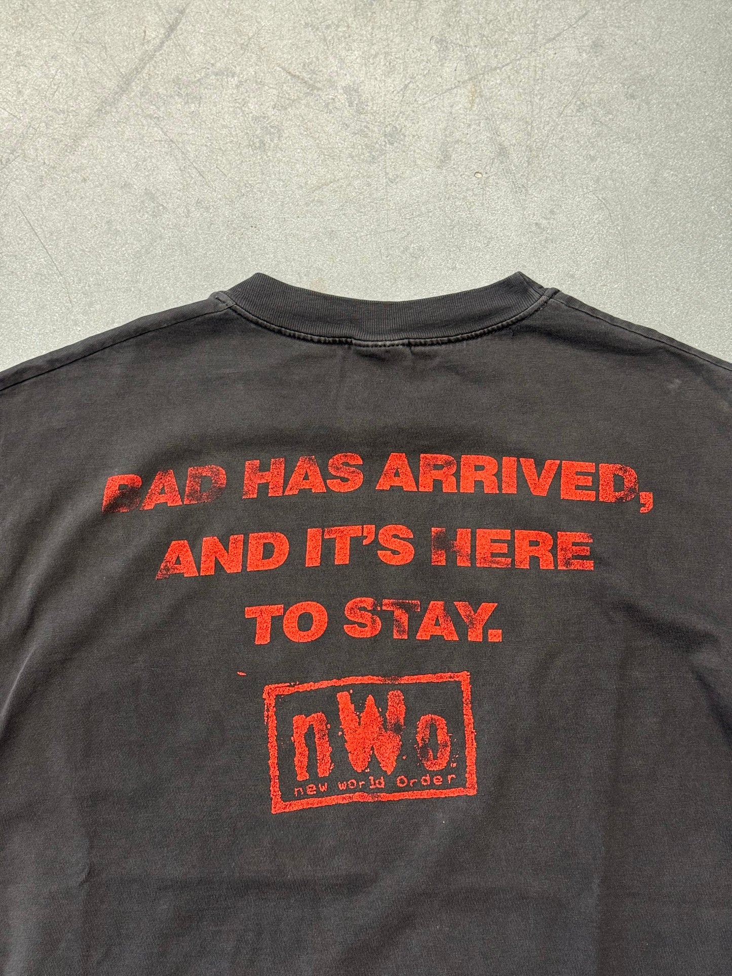 1998 N.W.O NEW WORLD ORDER "BAD HAS ARRIVED, AND IT'S HERE TO STAY." TEE (HANES BEEFY-T TAG)