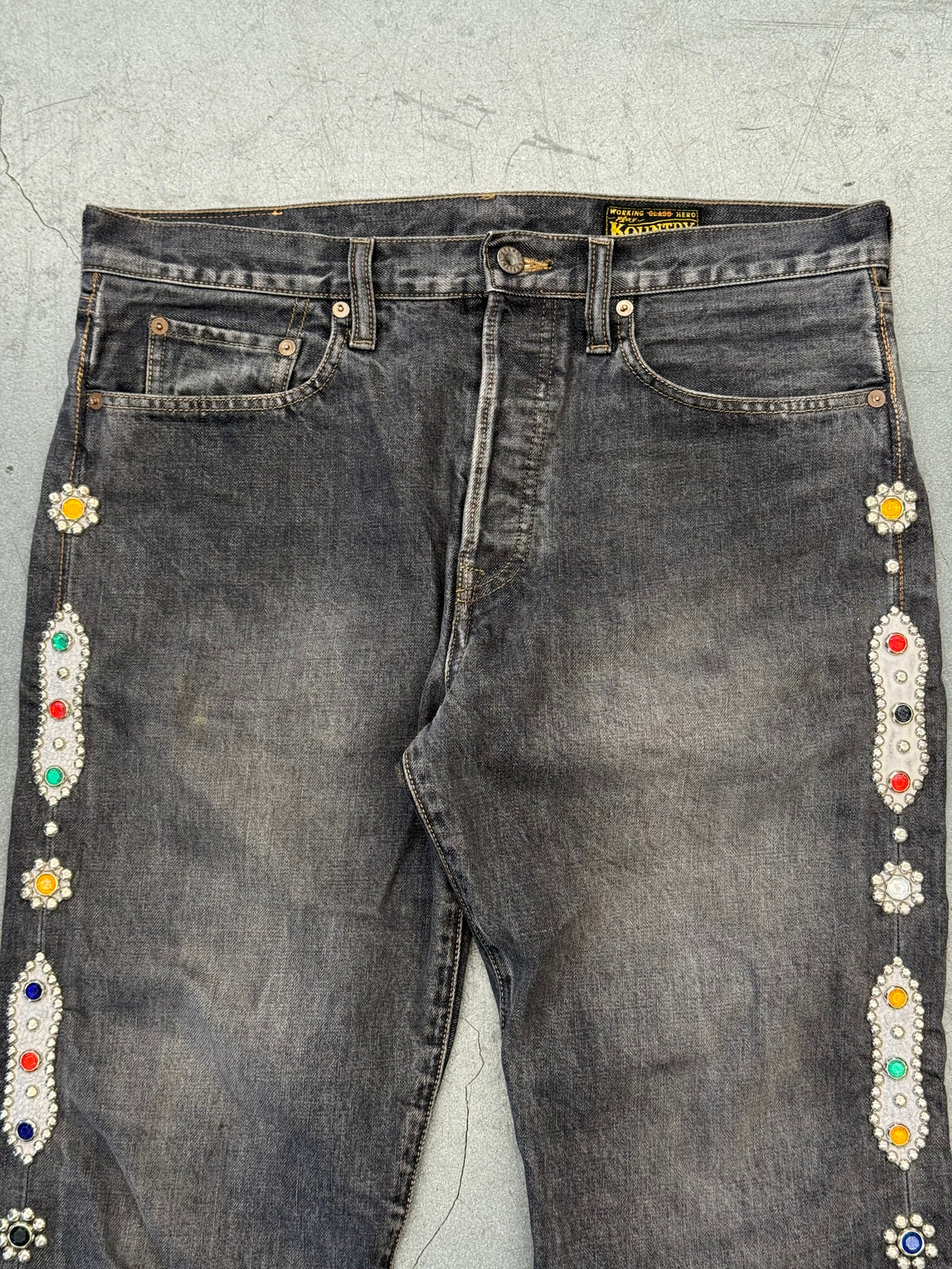 KAPITAL 14OZ DENIM 5P MONKEY CISCO GEMSTONE EMBELLISHED JEANS - BLACK