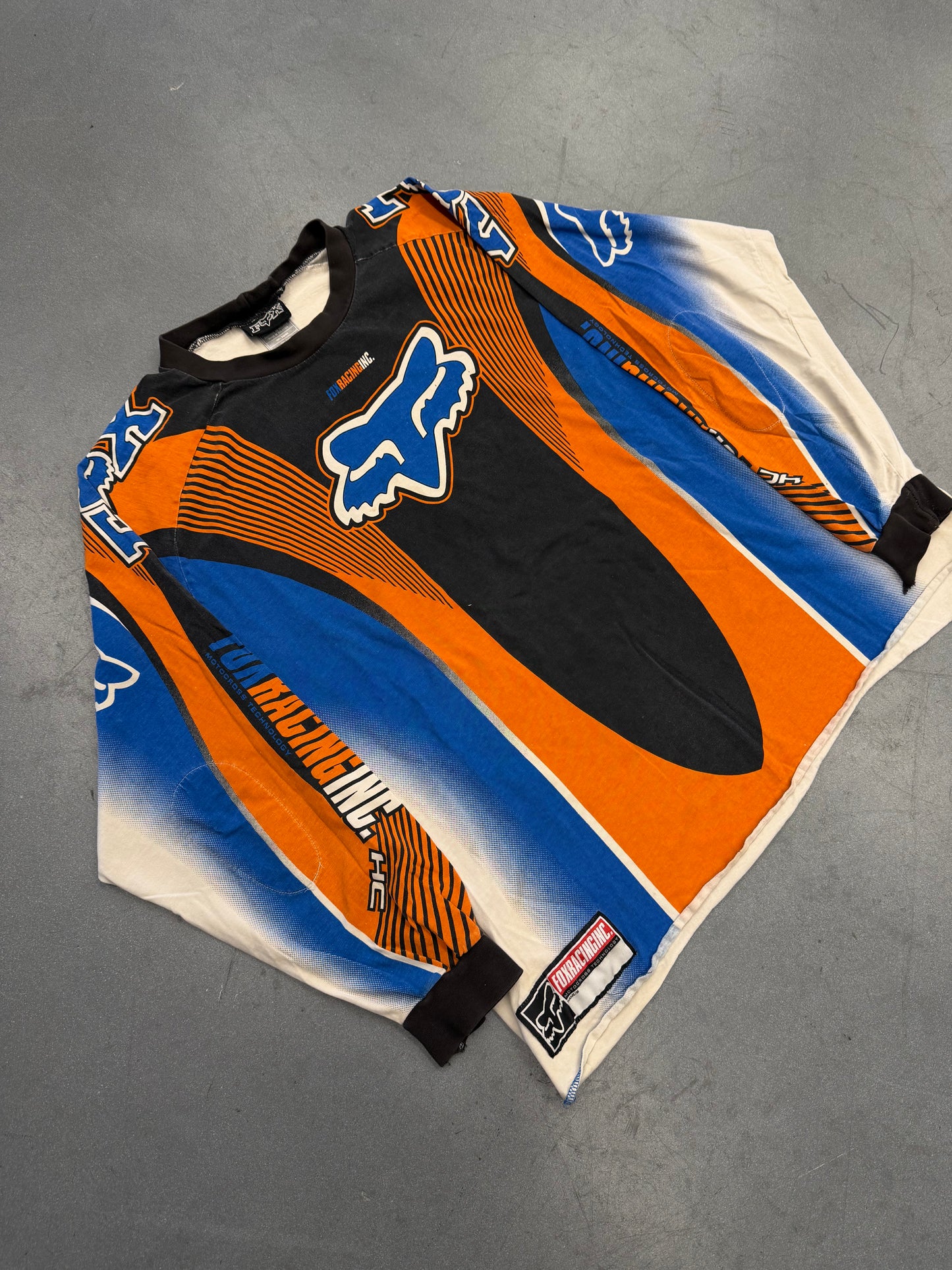 90'S FOX RACING LS MOTOCROSS RACING SHIRT- BLACK/ORANGE/BLUE