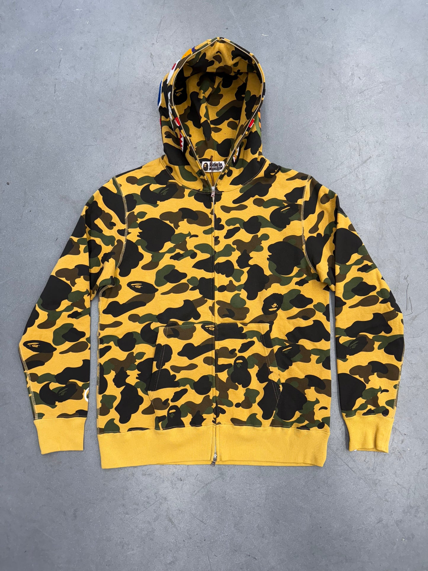 A BATHING APE BAPE 1ST CAMO SHARK FULL ZIP HOODIE - YELLOW (XL) (NWT)