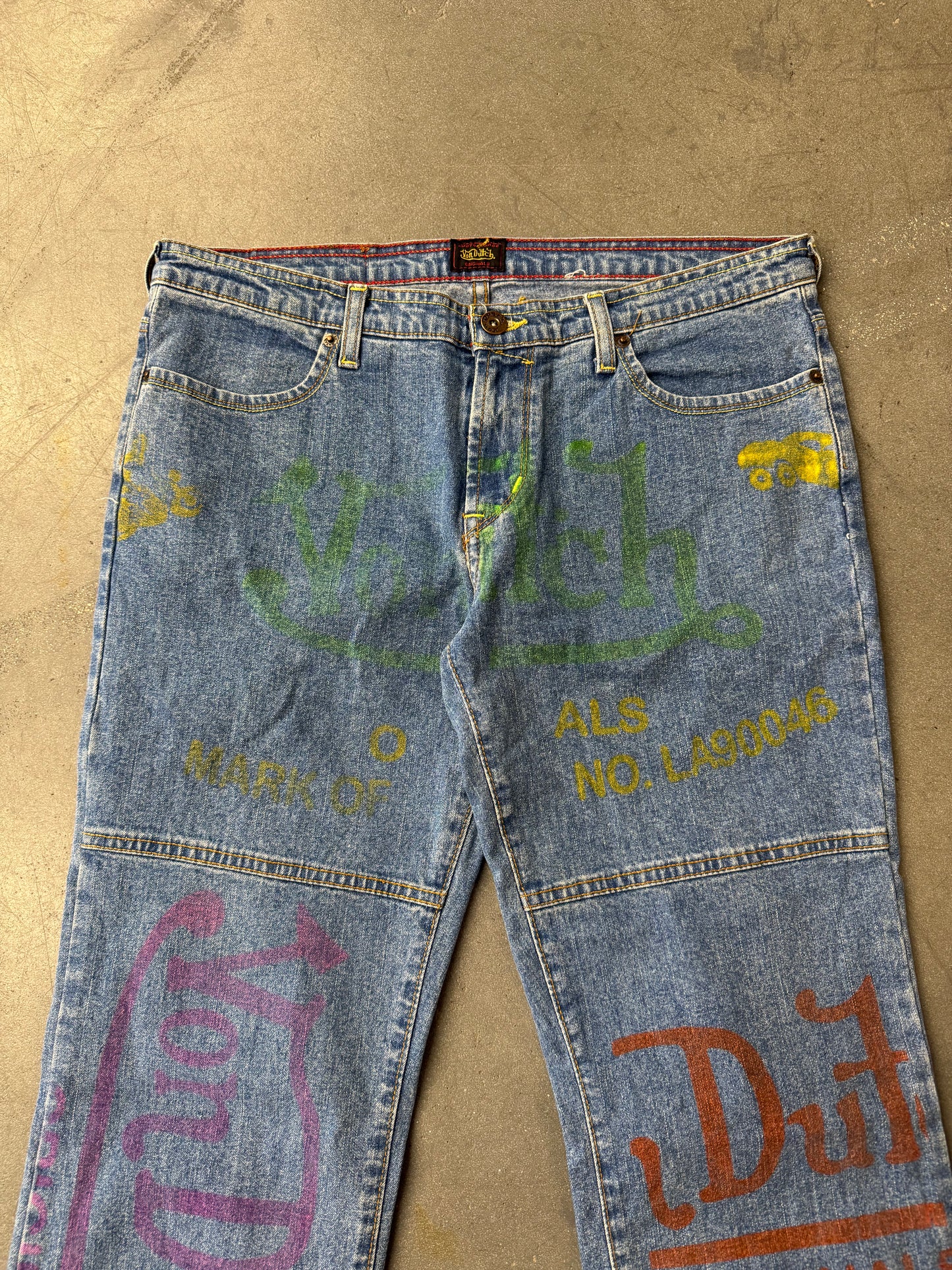 Y2K VON DUTCH ORIGINALS PAINTED GRAFFITI BLUE WIDE LEG JEANS