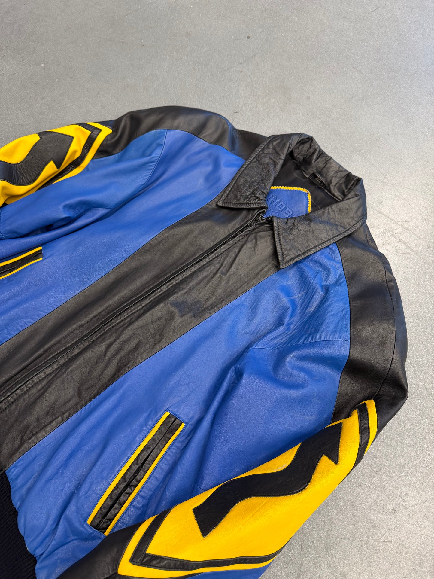 VINTAGE MICHAEL HOBAN NORTH BEACH STREET SIGN LEATHER JACKET - BLUE/YELLOW (S)