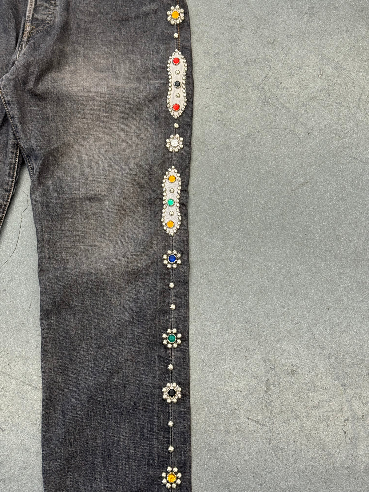KAPITAL 14OZ DENIM 5P MONKEY CISCO GEMSTONE EMBELLISHED JEANS - BLACK