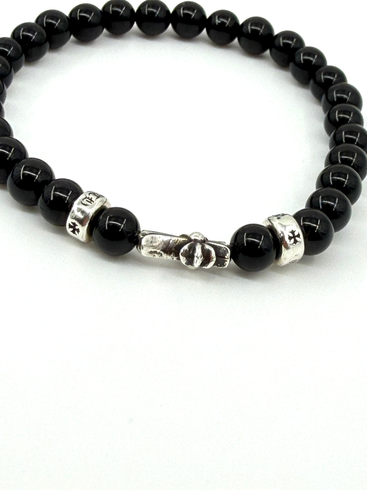 CHROME HEARTS 6MM BLACK BEADED SILVER CROSS BRACELET