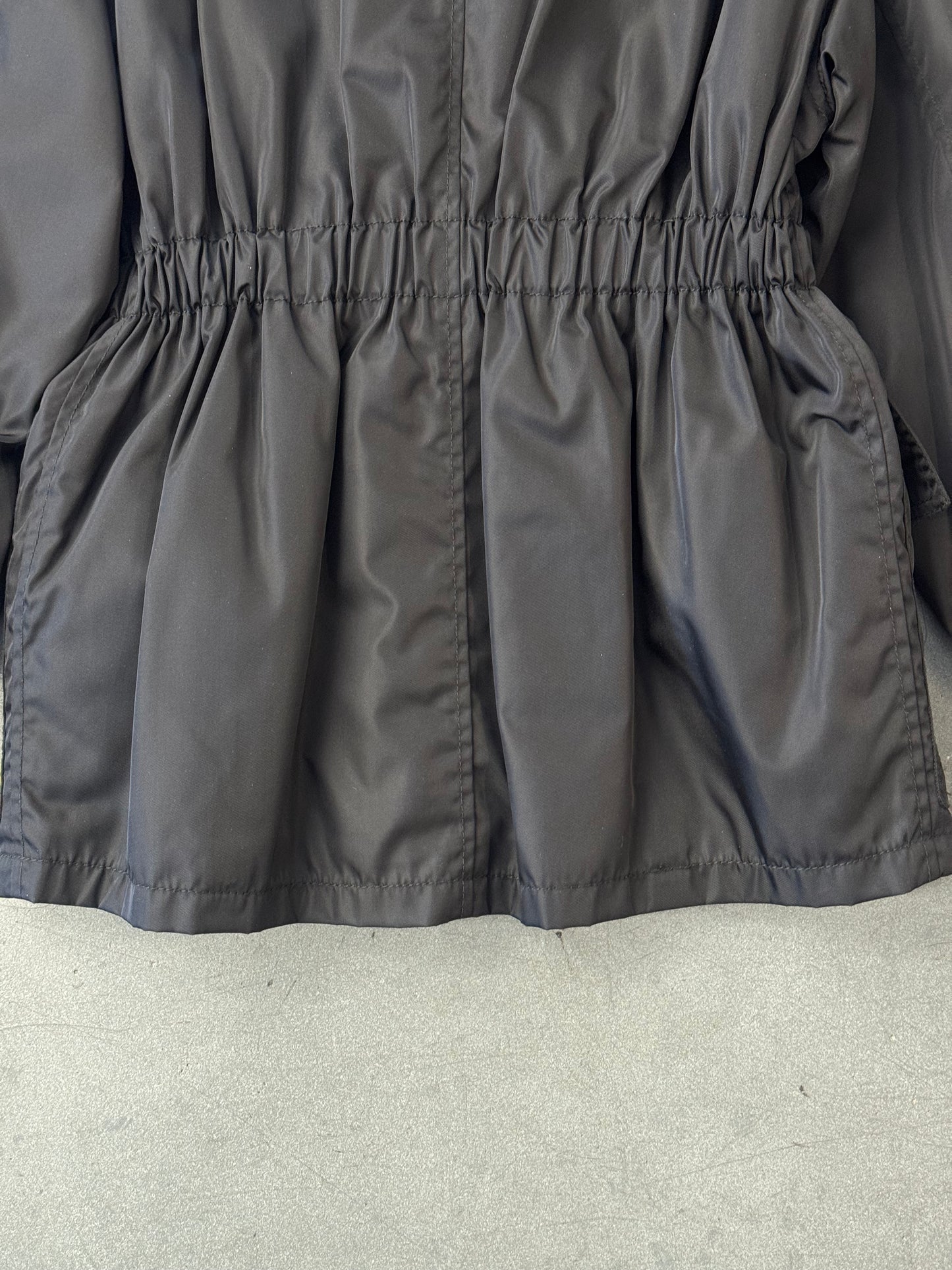 FW94 PRADA NYLON AND LEATHER COAT WITH DETACHABLE FUR COLLAR