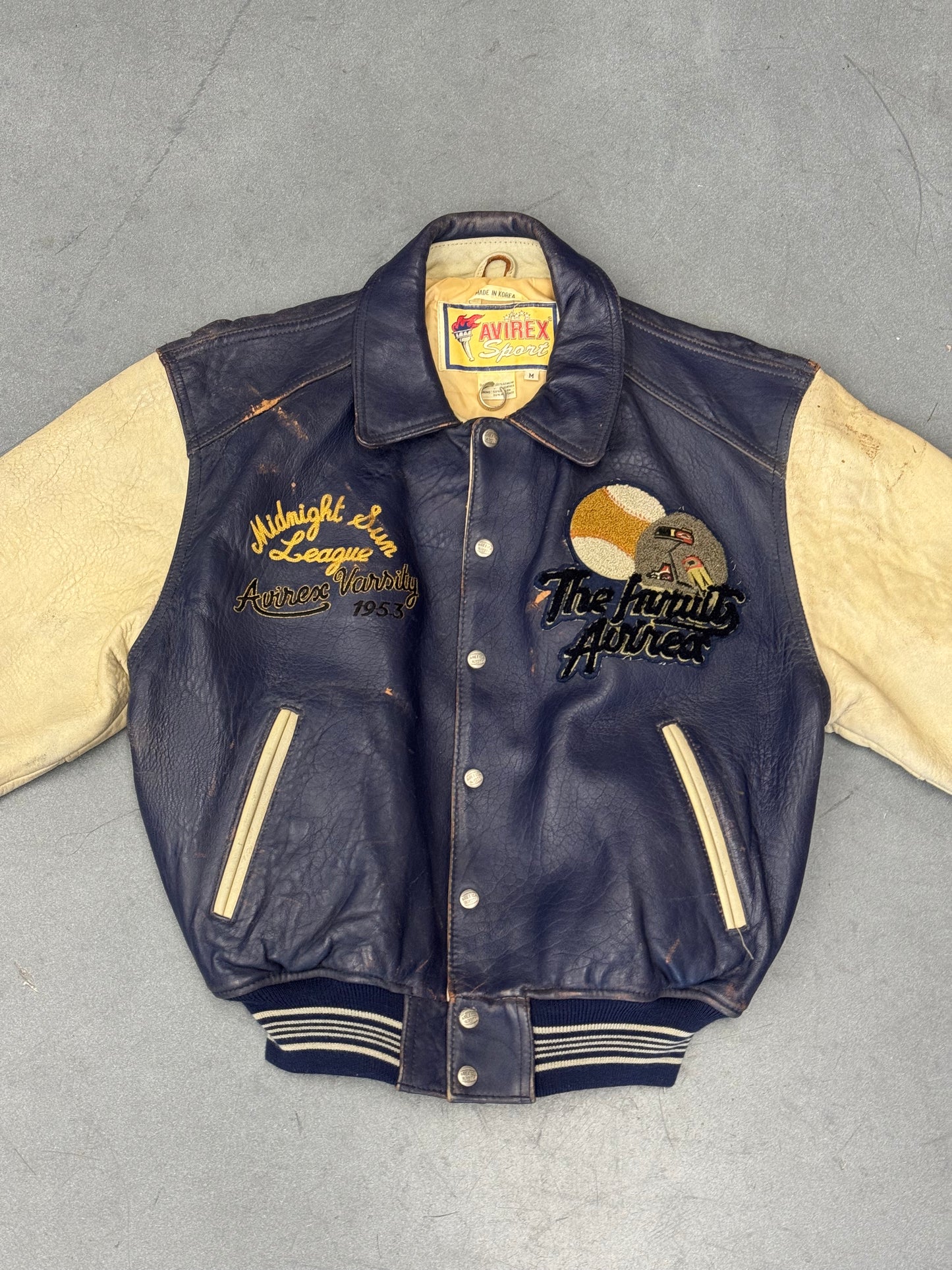 VINTAGE AVIREX MIDNIGHT SUN LEAGUE LEATHER VARSITY JACKET