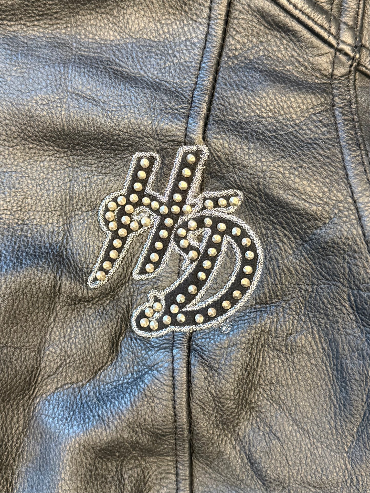 2012 HARLEY-DAVIDSON DOUBLE-BELTED WAIST STUDDED LOGO LEATHER JACKET
