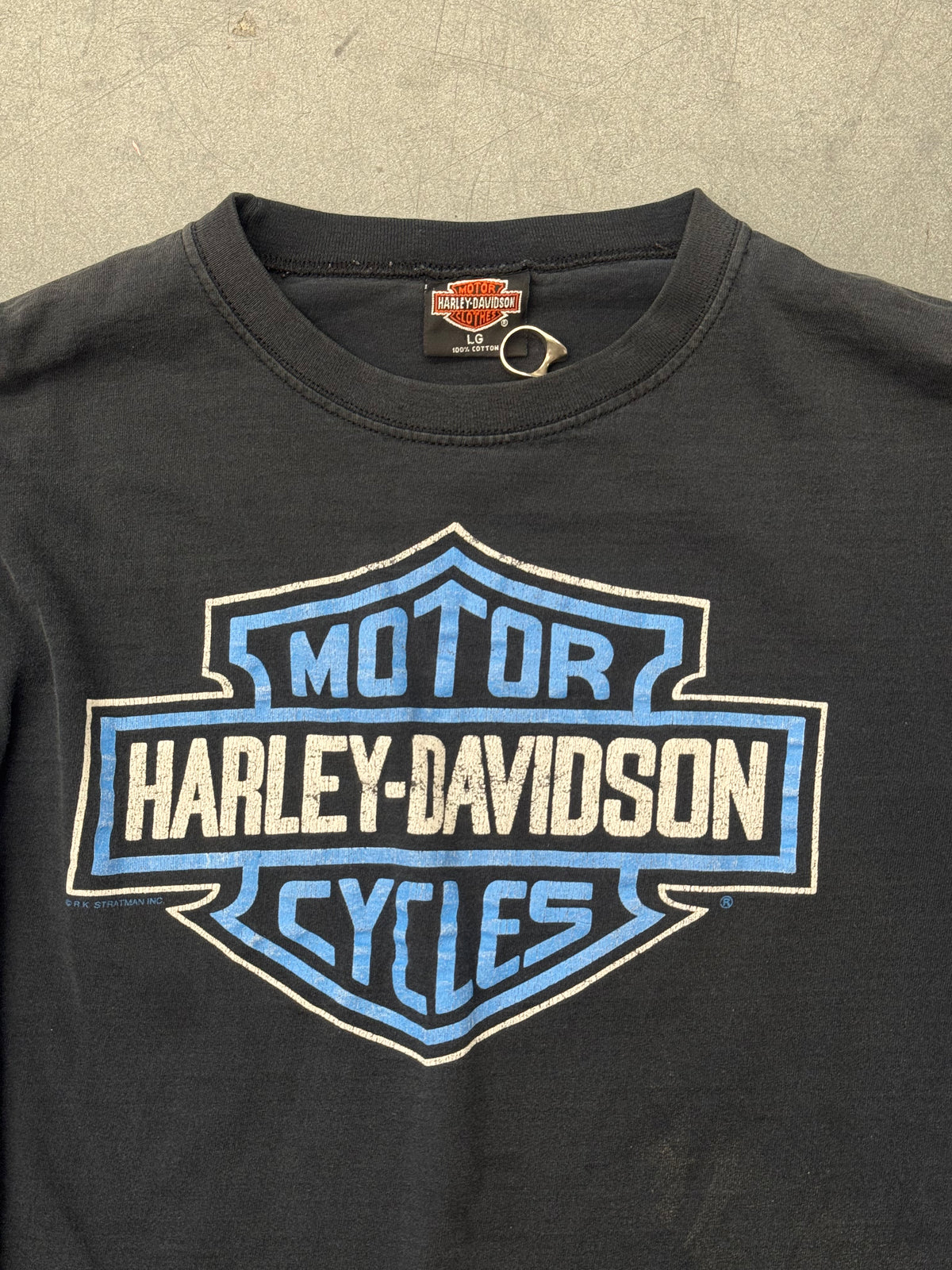 90S HARLEY-DAVIDSON ALDO'S BERNARDSTON, MA BLUE FLAME LONG SLEEVE TEE (HARLEY TAG)