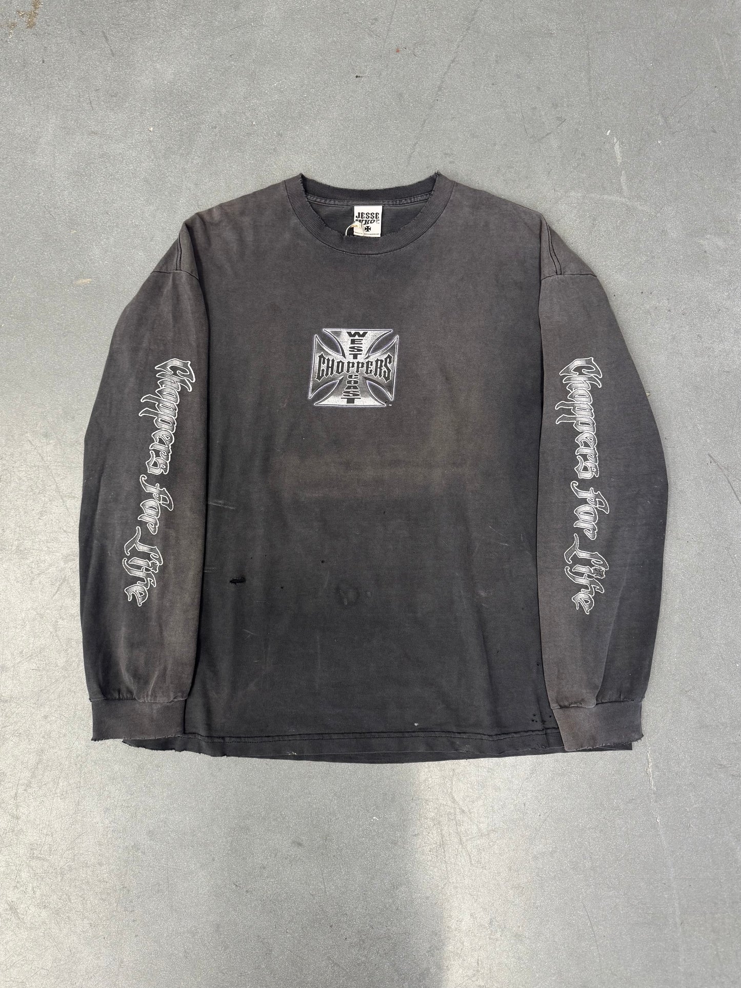 00'S WEST COAST CHOPPERS "CHOPPERS FOR LIFE" SPELLOUT LS DISTRESSED TEE (JESSE WHO TAG)