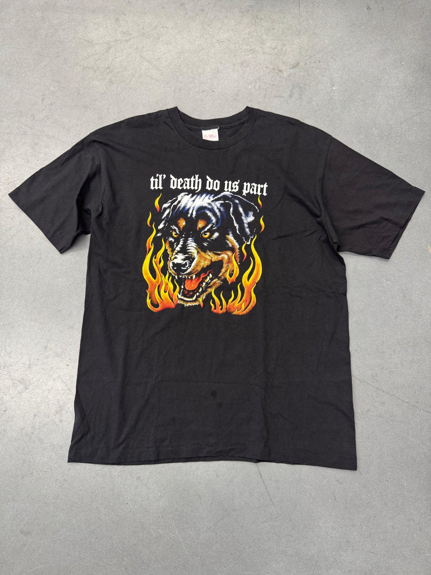 90S "TIL' DEATH DO US PART" DOG HEAD FLAMES TEE (CO MAX TAG)