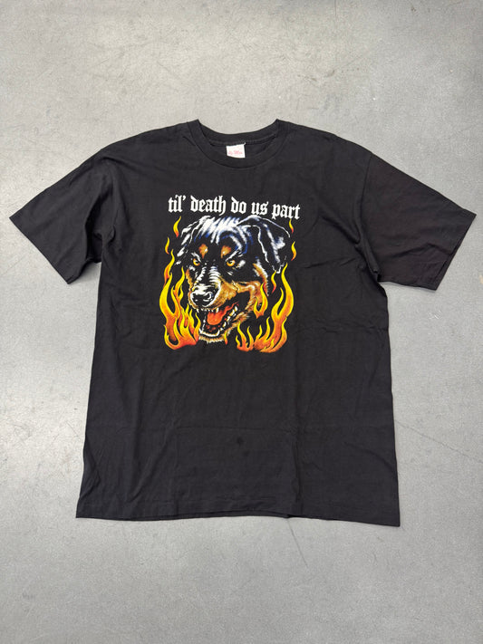 90S "TIL' DEATH DO US PART" DOG HEAD FLAMES TEE (CO MAX TAG)