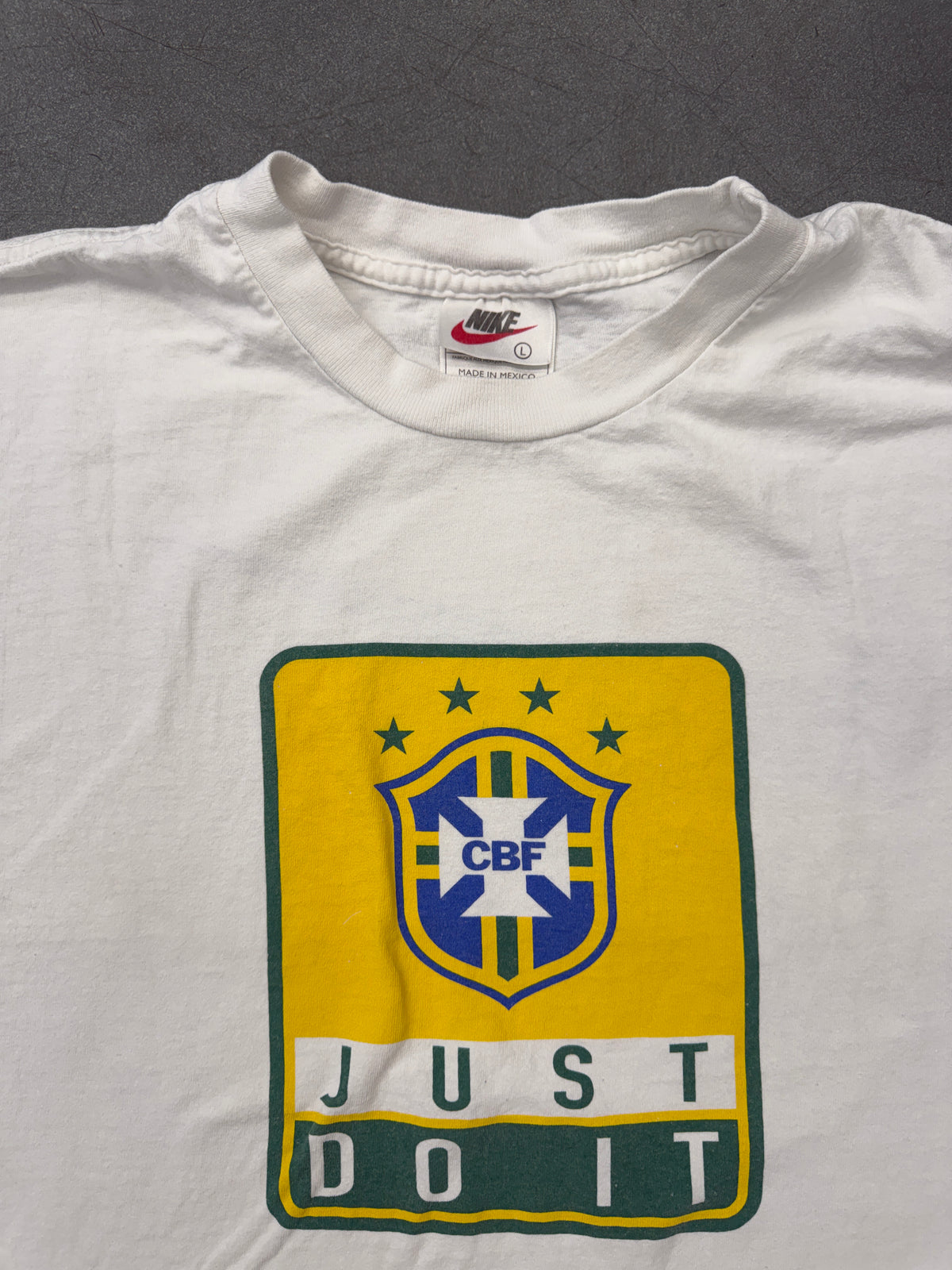 90S NIKE BRAZIL JUST DO IT CUT OFF SOCCER TEE (WHITE/RED NIKE TAG)