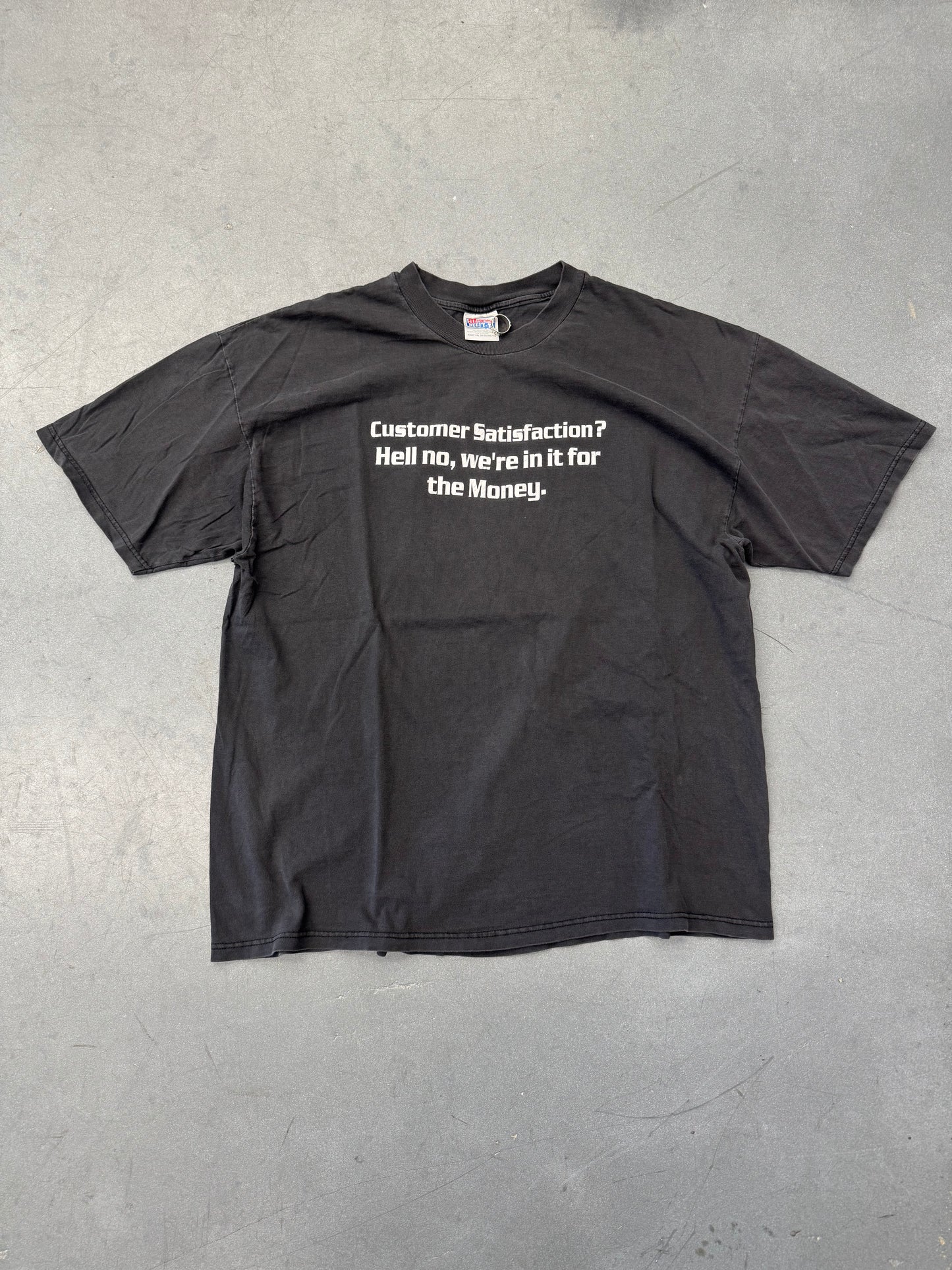 90S CURLY'S CYCLE SALES "CUSTOMER SATISFACTION?" TEE (HANES TAG)