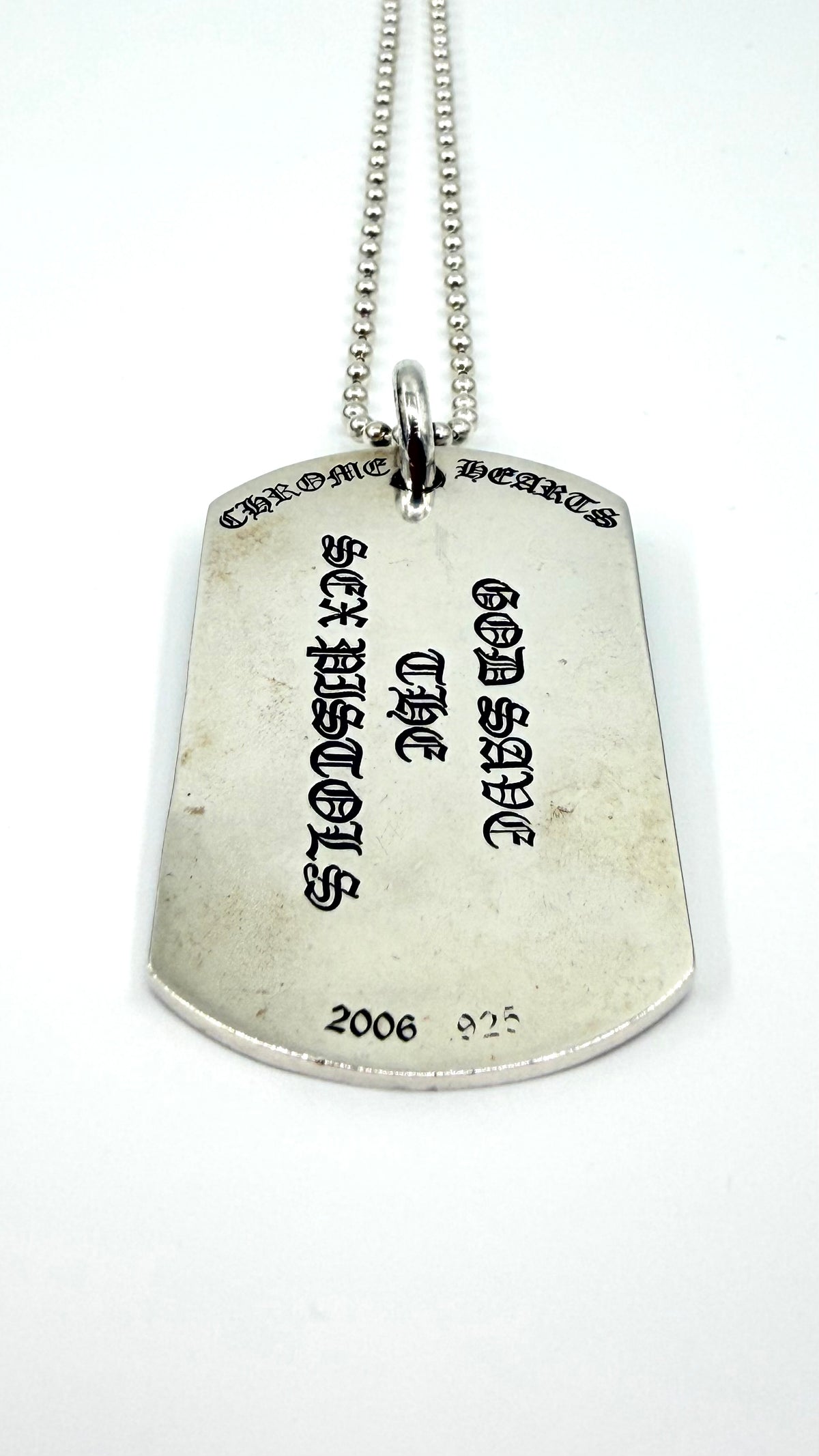 CHROME HEARTS UNION JACK SILVER DOG TAG "GOD SAVE THE SEX PISTOLS" WITH 30 INCH SILVER BALL CHAIN